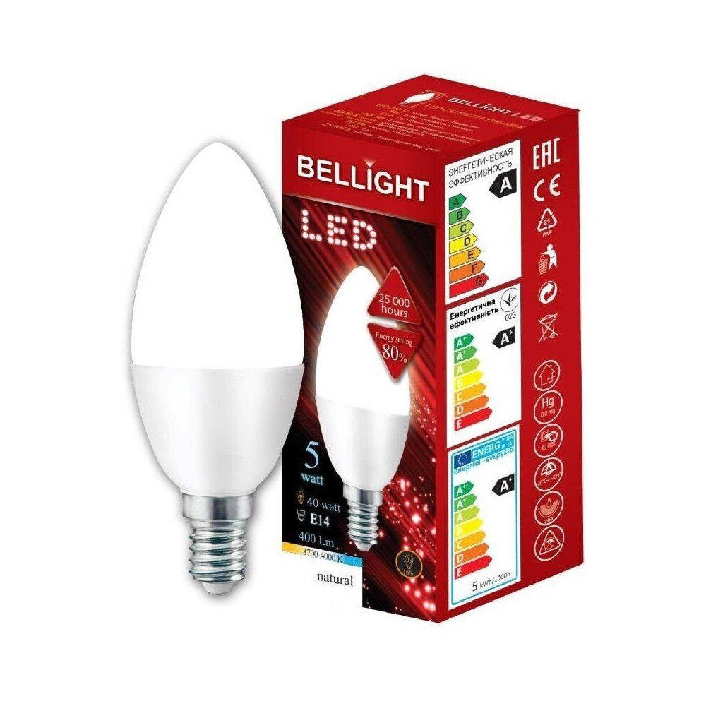 Bellight LED-Leuchtmittel LED E14 C35 Kerzenform 5W = 40W 230V 400lm 360° Neutralweiß 4000K, E14, Neutralweiß