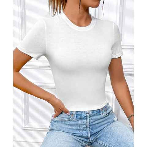 RMK T-Shirt Damen Shirt Top elegant kurzarm Rundhals Ausschnitt aus halbgekämmter Baumwolle, in Unifarbe