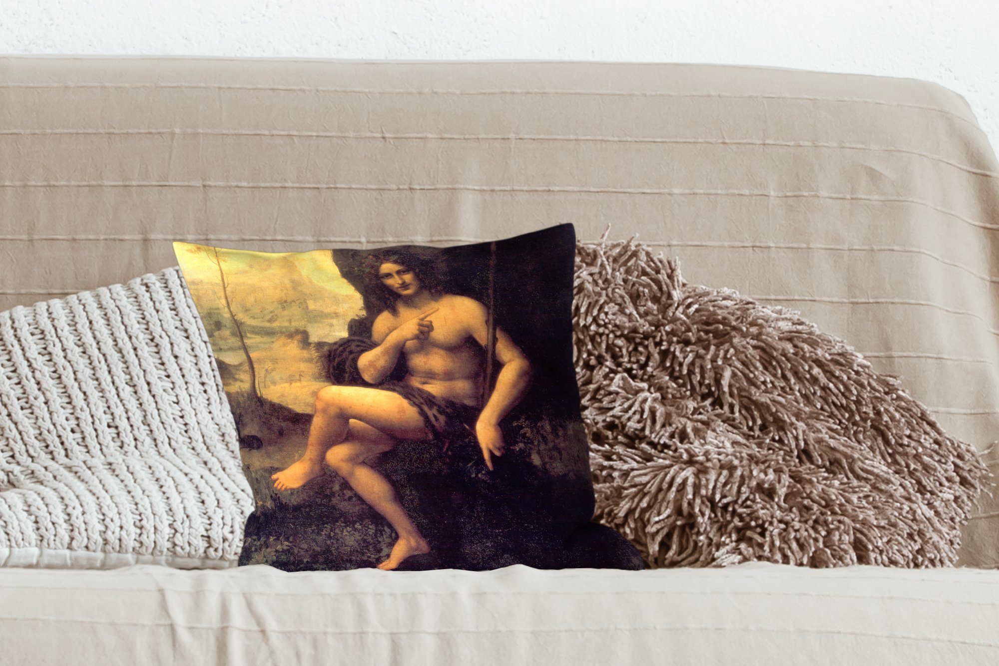 Schlafzimmer, mit der in Wohzimmer, Der Füllung Dekokissen Deko, heilige Vinci, Wüste Leonardo Sofakissen - Zierkissen Johannes da MuchoWow für