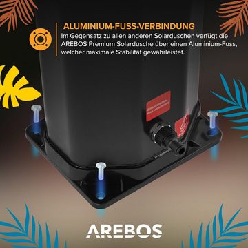 Arebos Solardusche 60L mit Thermometer und Handbrause schwarz-silber mit Bodenplatte (Set, mit Bodenplatte und Abdeckhaube), Holzoptik