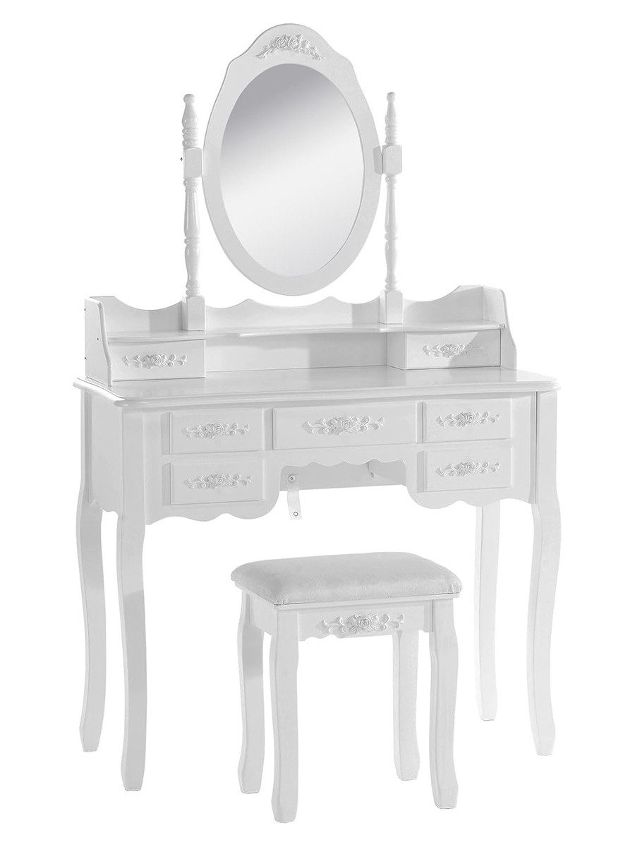 Woltu Schminktisch, mit Spiegel und Hocker 7 Schubladen massives Kiefernholz