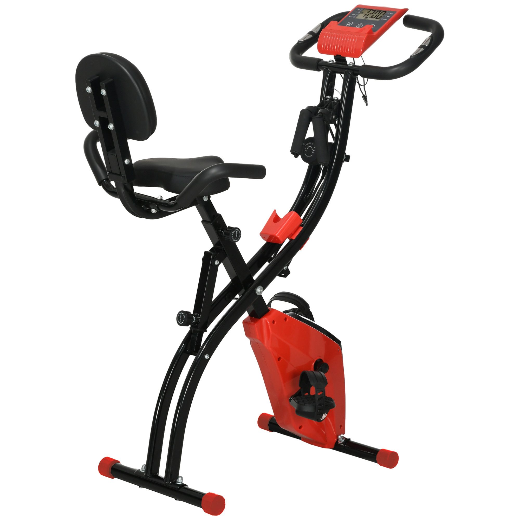 HOMCOM Heimtrainer X-Bike 2-in-1 Fahrradtrainer klappbarer Hometrainer Stahl Rot (mit 8 stufig einstellbarem Magnetwiderstand und 1 Paar Spannseil), Heimtrainer X-Bike Fahrradtrainer LCD-Display klappbar einstellbar Rot