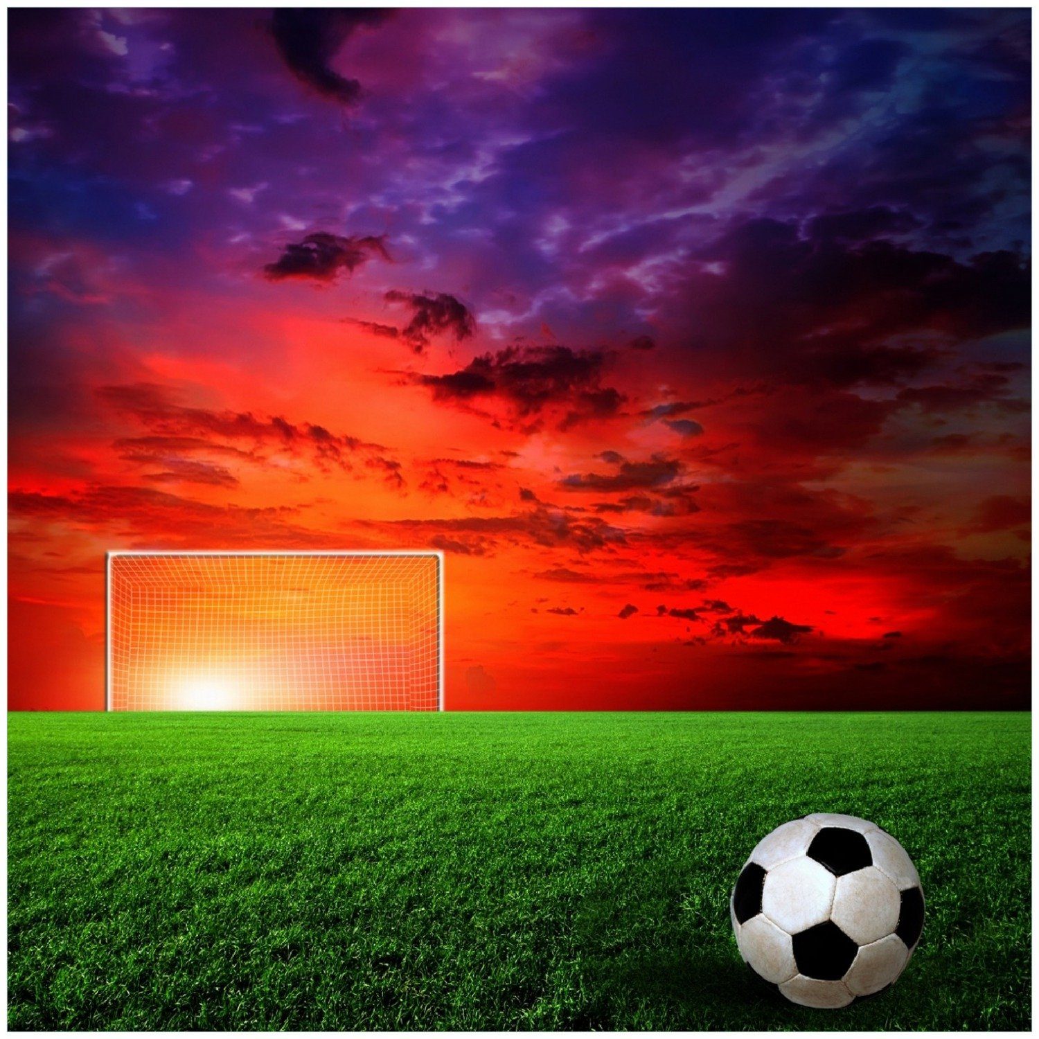 Wallario Memoboard Fußball - Fußballfeld bei Sonnenuntergang