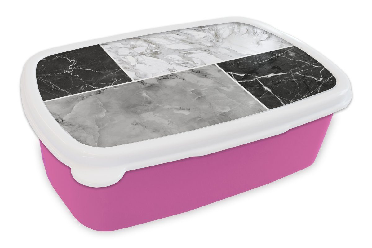 Weiß Kinder, Kunststoff, - Mädchen, (2-tlg), - Schwarz Grau, Brotdose rosa Brotbox Kunststoff für Marmor MuchoWow Erwachsene, - Snackbox, Lunchbox