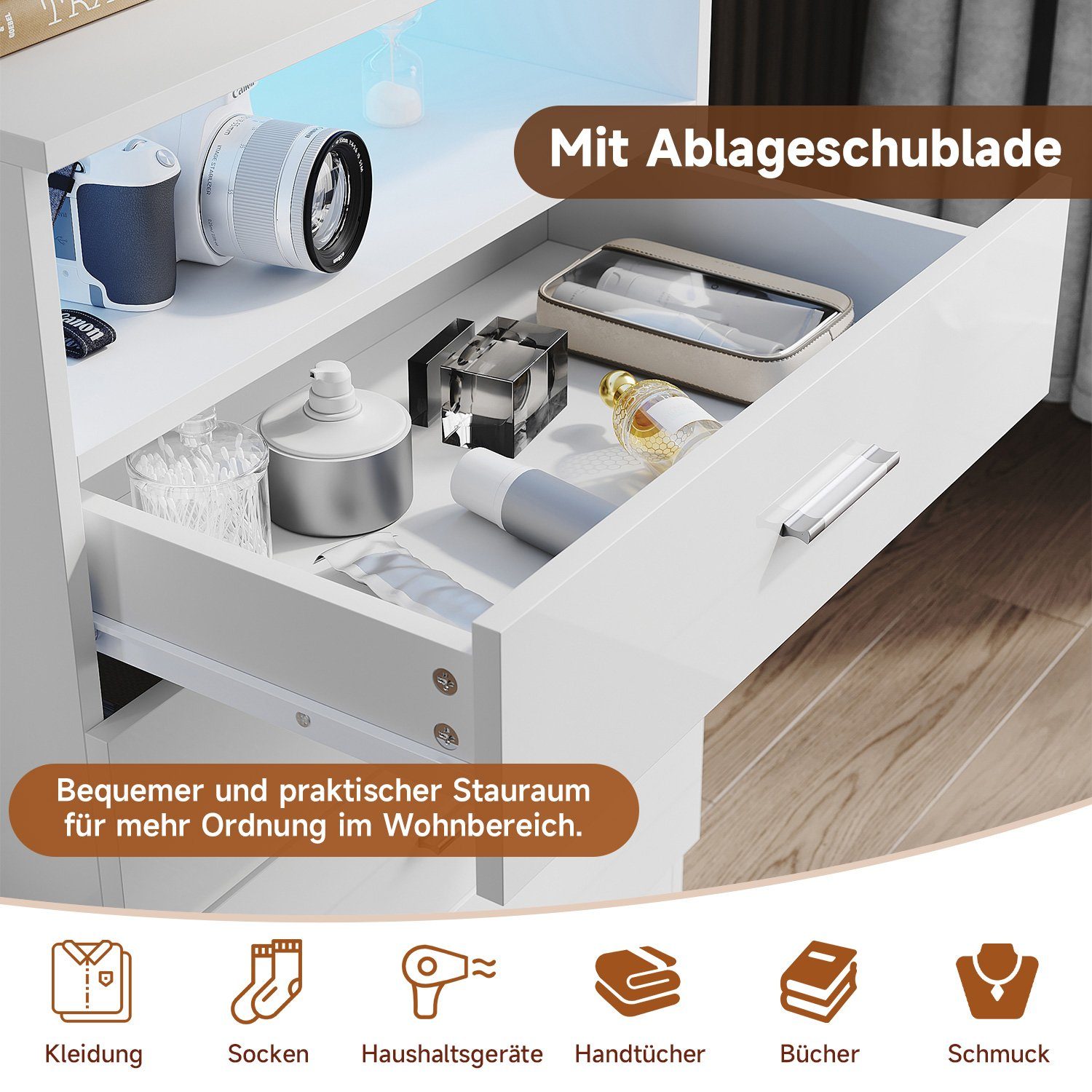 SONNI Kommode kommode Weiß,4 schubladen und offene Fächer, 60x40x83cm, mit led beleuchtung