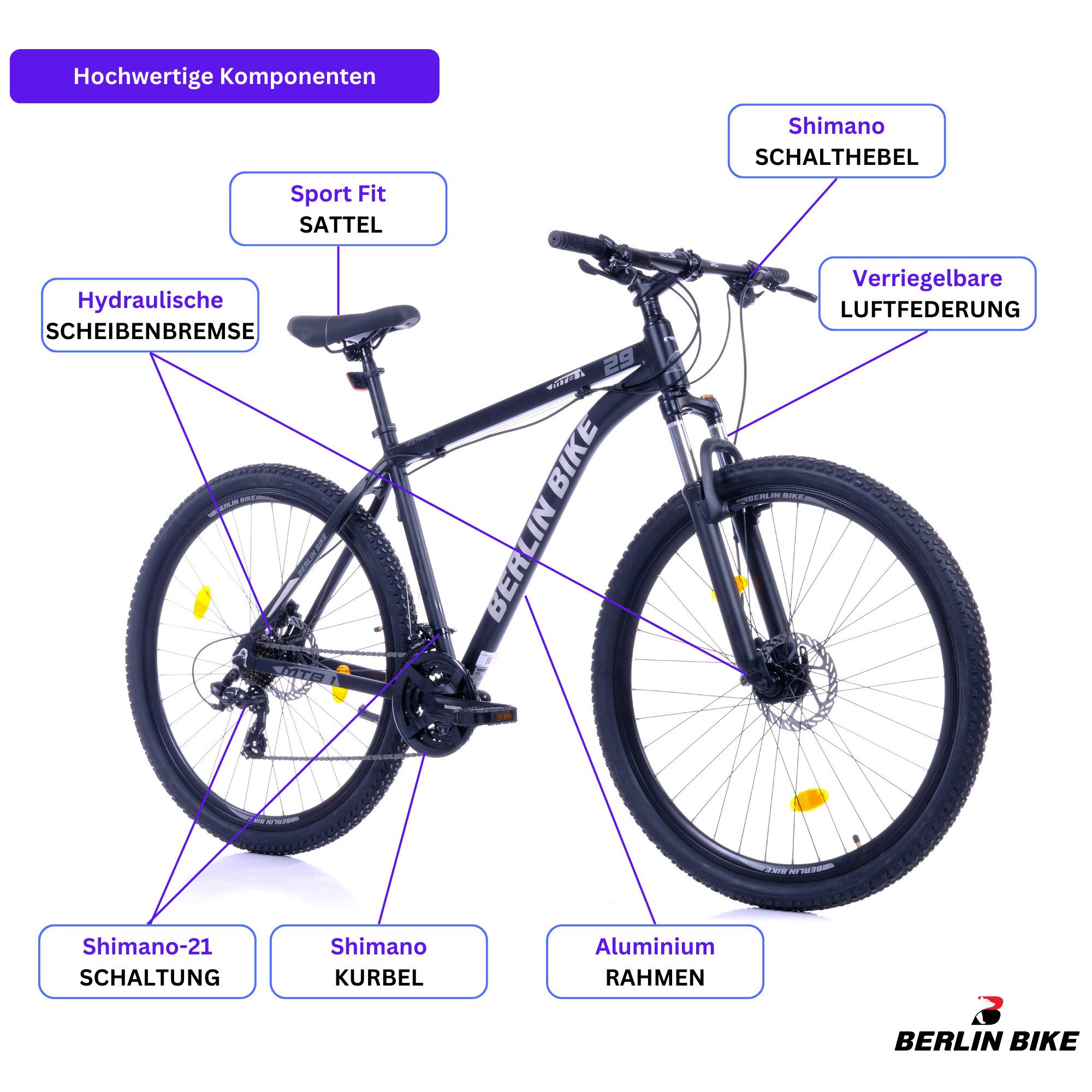 BERLIN BIKE Mountainbike 26, 27.5, 29 Zoll Alu MTB - hydraulische Scheibenbremsen - Shimano Set, 21 Gang Shimano FD-TZ500/RD-TY300D Schaltwerk, (Shimano Kurbel, Dacron Hydraulische Scheibenbremsen, Aluminiumrahmen), 26/27.5/29 Zoll & 33–51 cm Rahmenhöhe – passend für jede Körpergröße