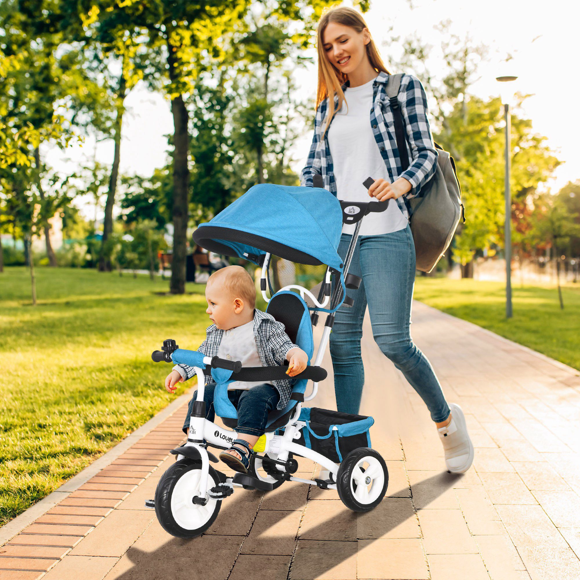 HOMCOM Dreirad 6-in-1 Kinderdreirad mit Schiebestange, Dach, Gurt, Ablagekorb, für 12-60 Monate, Blau