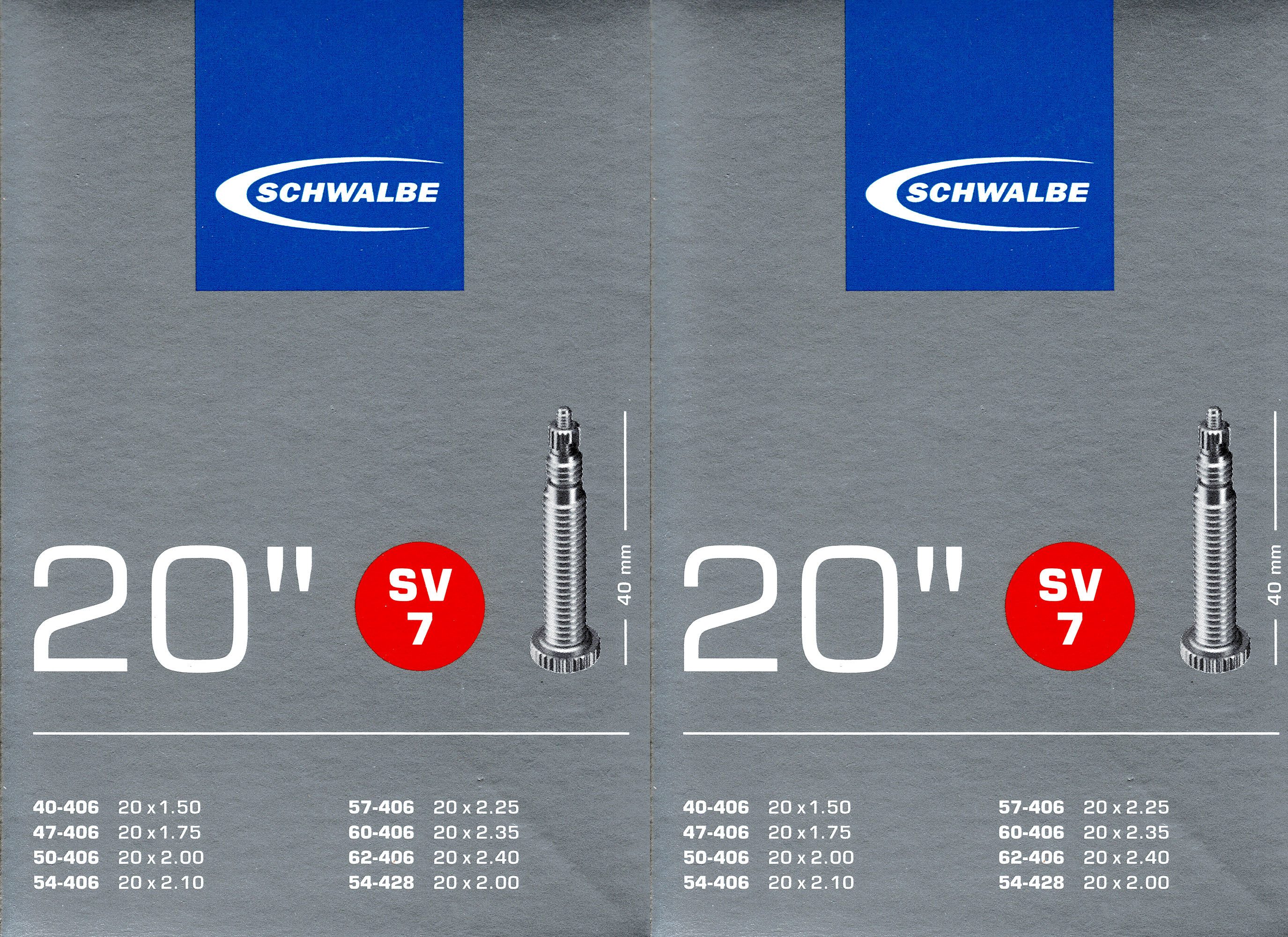 Fahrradschlauch 2x Schwalbe SV 7 Schlauch 20 Zoll 1.5 - 2.40 40/62-406