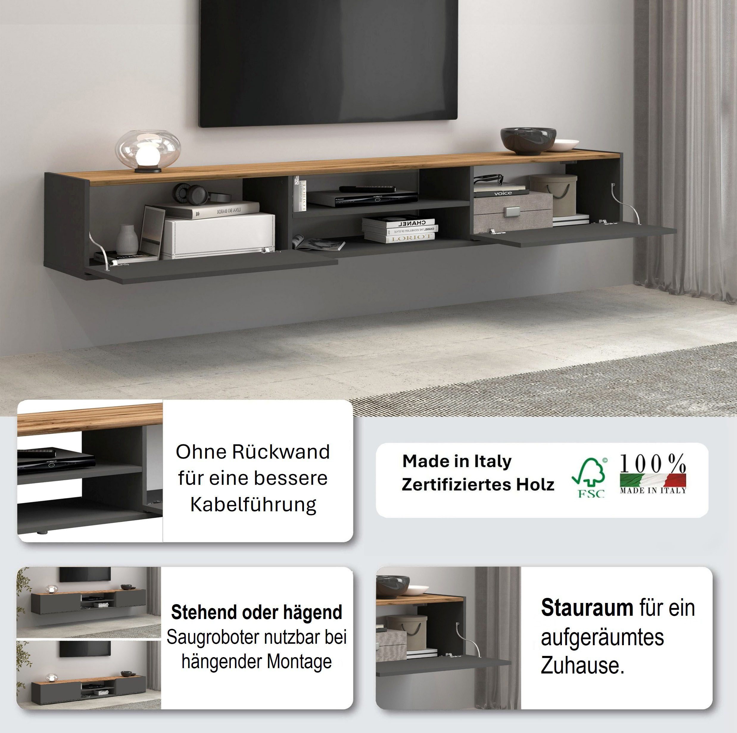 OTTO home Lowboard Garda,TV-Kommode,TV-Möbel,TV-Bank, stehend und hängend, stehend und hängend mit 2 Klappen, 1 Einlegeboden, Breite 210 cm