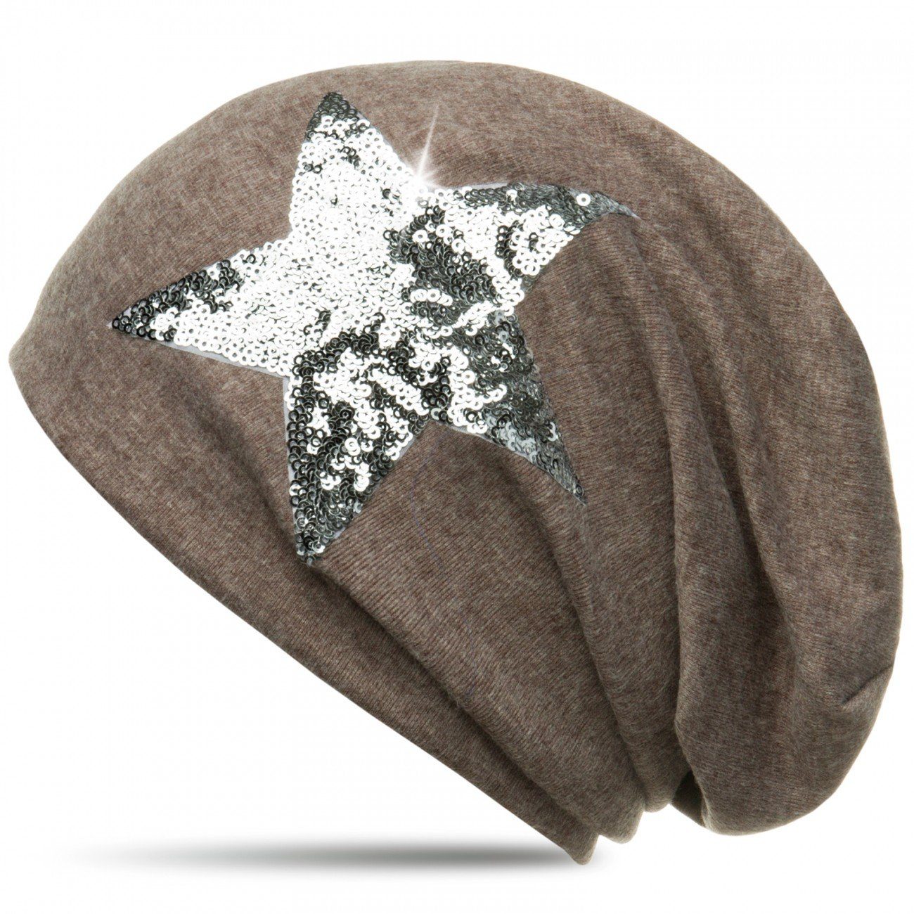 Caspar Beanie MU136 Mütze mit Pailletten Stern und warmem Flanell Stoff braun (meliert)