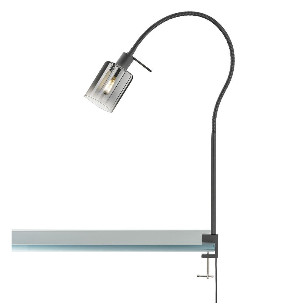 FISCHER & HONSEL Klemmleuchte, Leuchtmittel nicht inklusive, Klemmleuchte Tischlampe Lesespot E14 Rauchglas schwarz Flexhals Metall