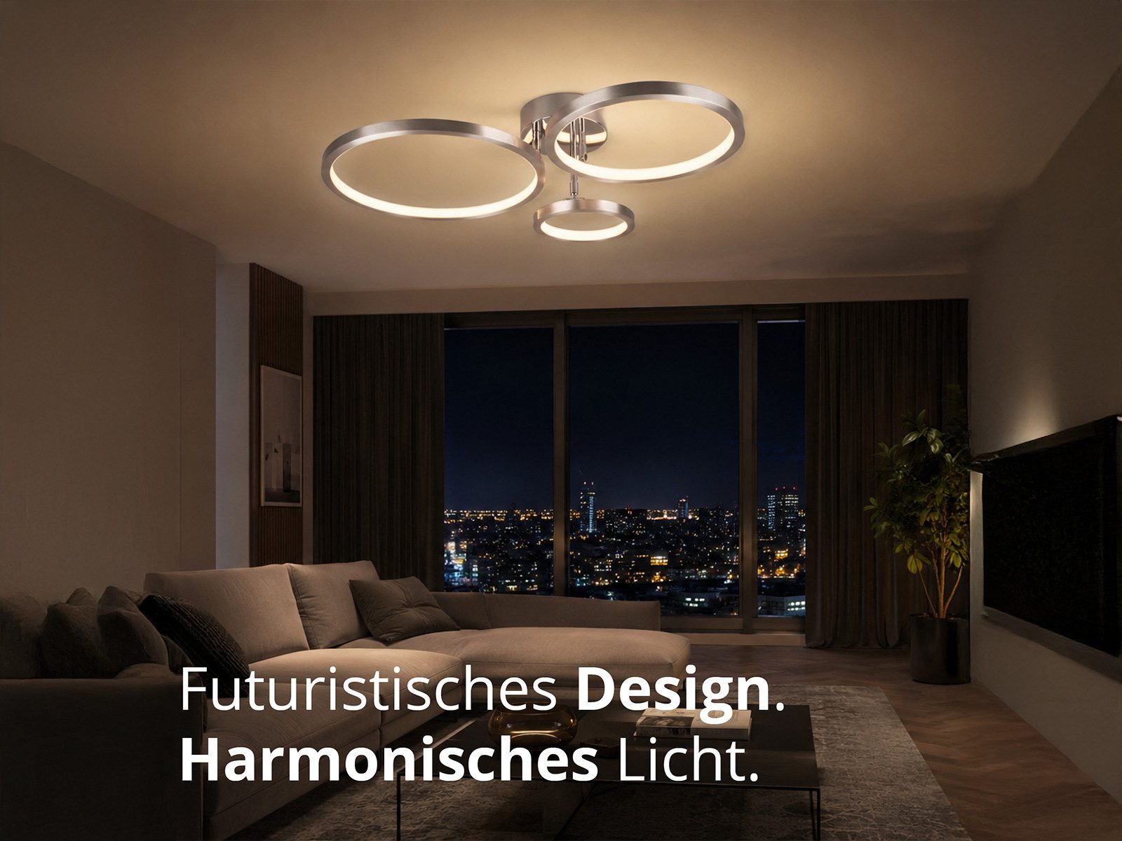 meineWunschleuchte LED Deckenleuchte Ringe schwenkbar, Breite 71cm, Dimmfunktion, LED fest integriert, Warmweiß, große Wohnzimmer Deckenlampe modern dimmbar übe – Bild 2 von 5