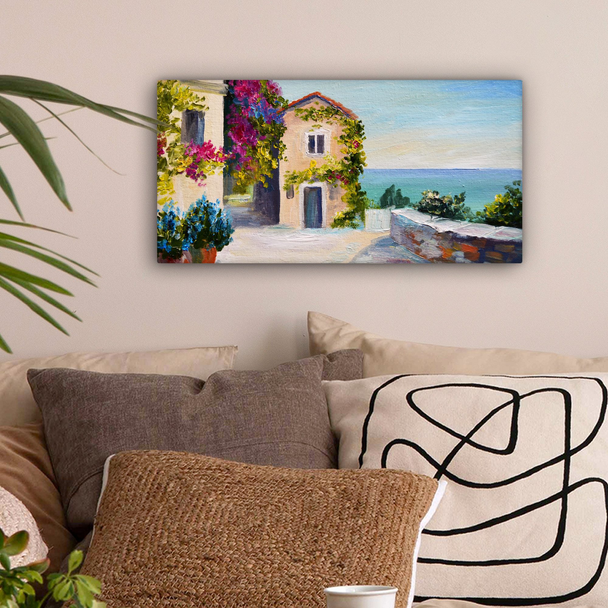 OneMillionCanvasses® Leinwandbild Panorama Malerei - Haus - Ölfarbe - Dorf, Fotodruck (1 St), Wandbild, Deko Schlafzimmer Wohnzimmer Flur 40x20 cm