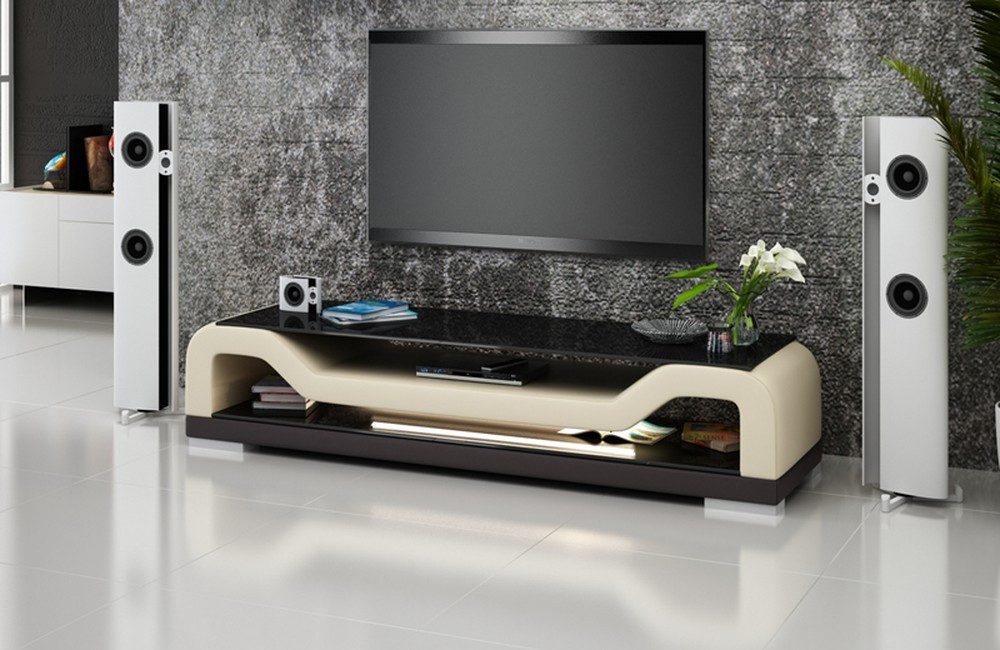 Lowboard Designer TV Schrank aus Leder und Glas in Weiß und Schwarz
