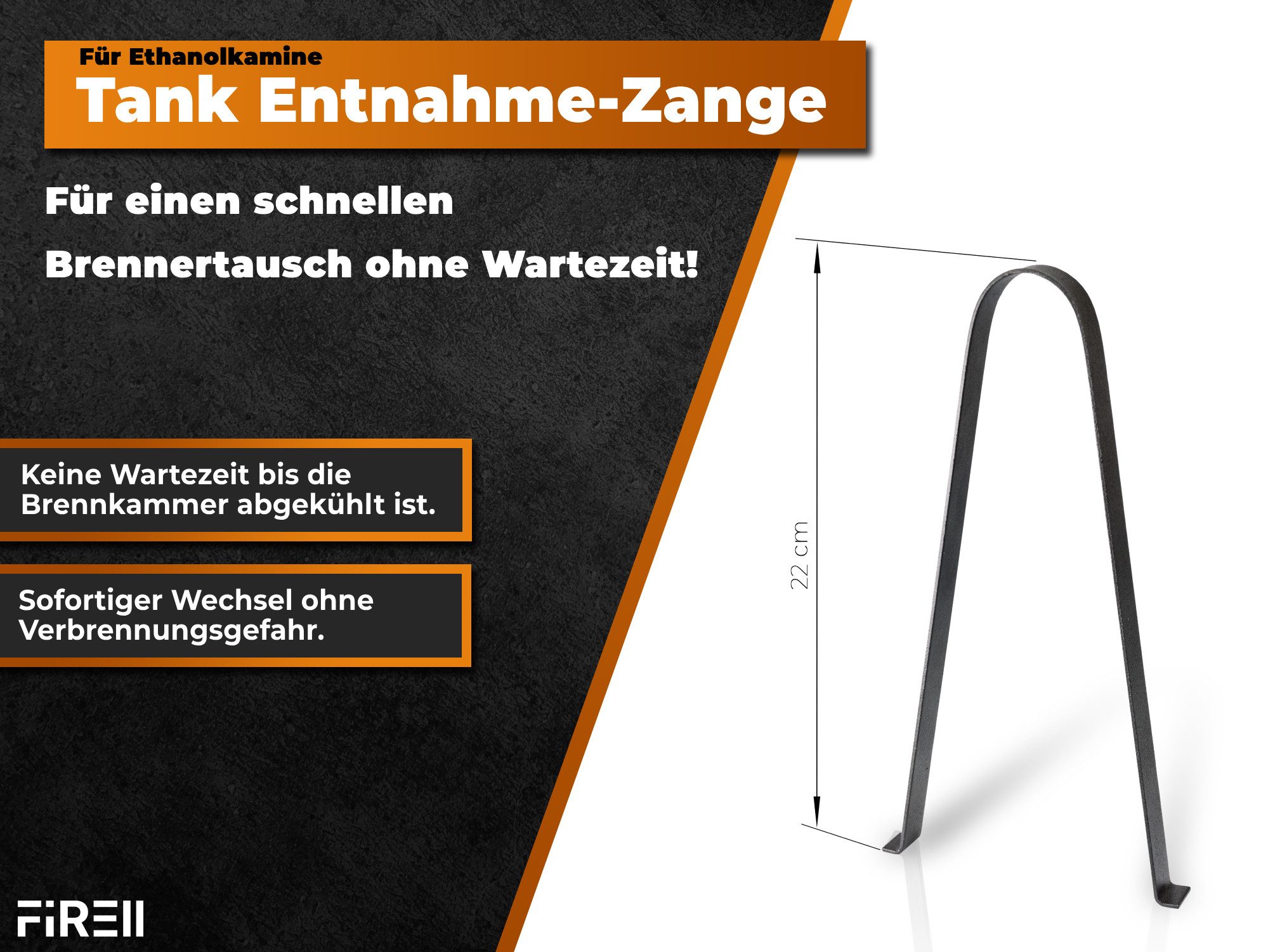 FIRELL Tischfeuer Wechselzange für Ethanolbrenner (Heiße Brennkammer entnehmen & durch eine volle ersetzen ohne Abkühlzeit), Pulverbeschichtet, für Tischkamine & Ethanolkamine, Edelstahl
