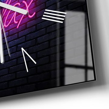 DEQORI Wanduhr 'Spruch im Neon-Design' (Glas Glasuhr modern Wand Uhr Design Küchenuhr)