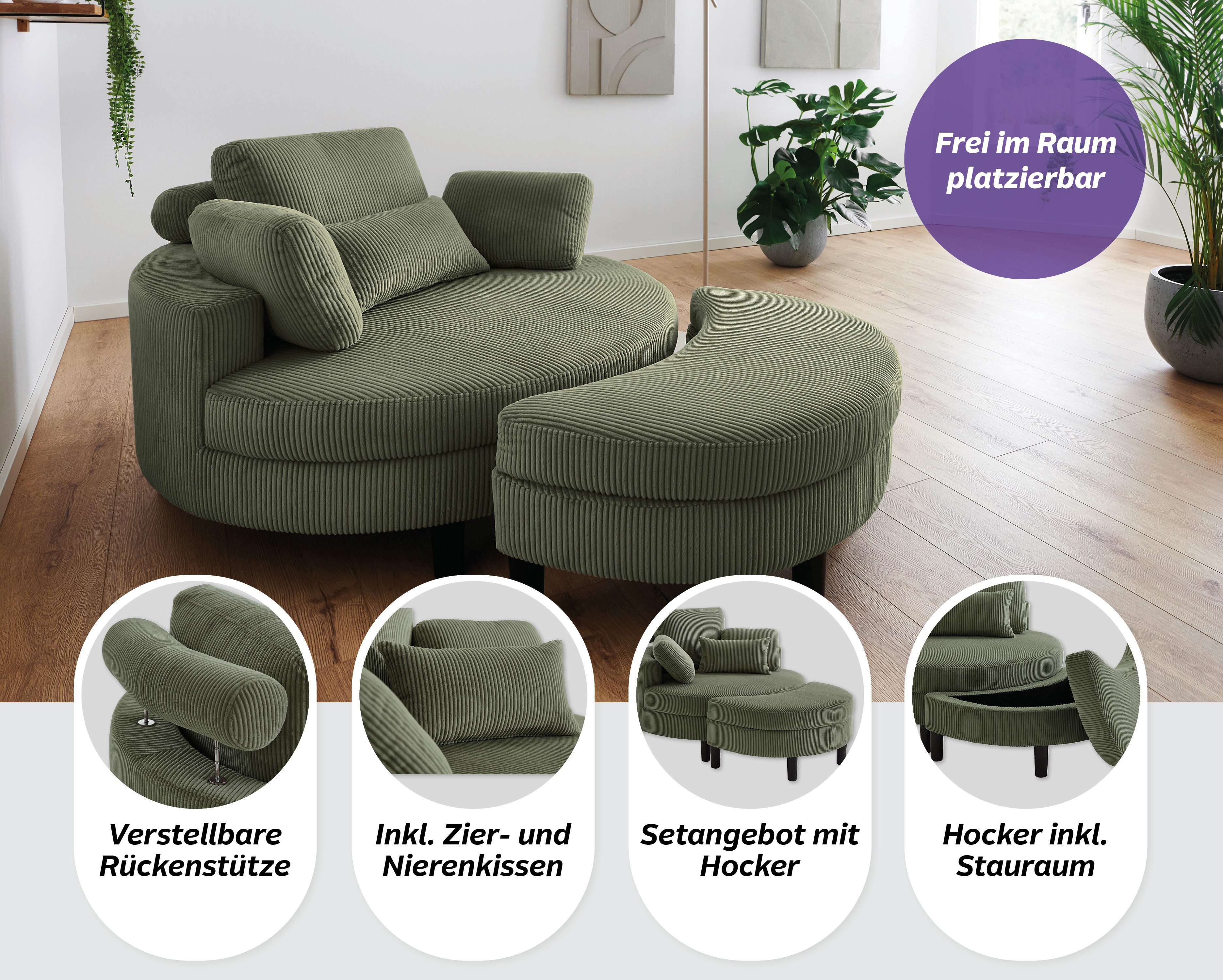 ATLANTIC home collection Loveseat Ravi Sessel, B: 114 cm, Sitzhöhe: 42 cm, XXL- Sessel, mit Stauraumhocker, Rückenstütze & 4 Zierkissen