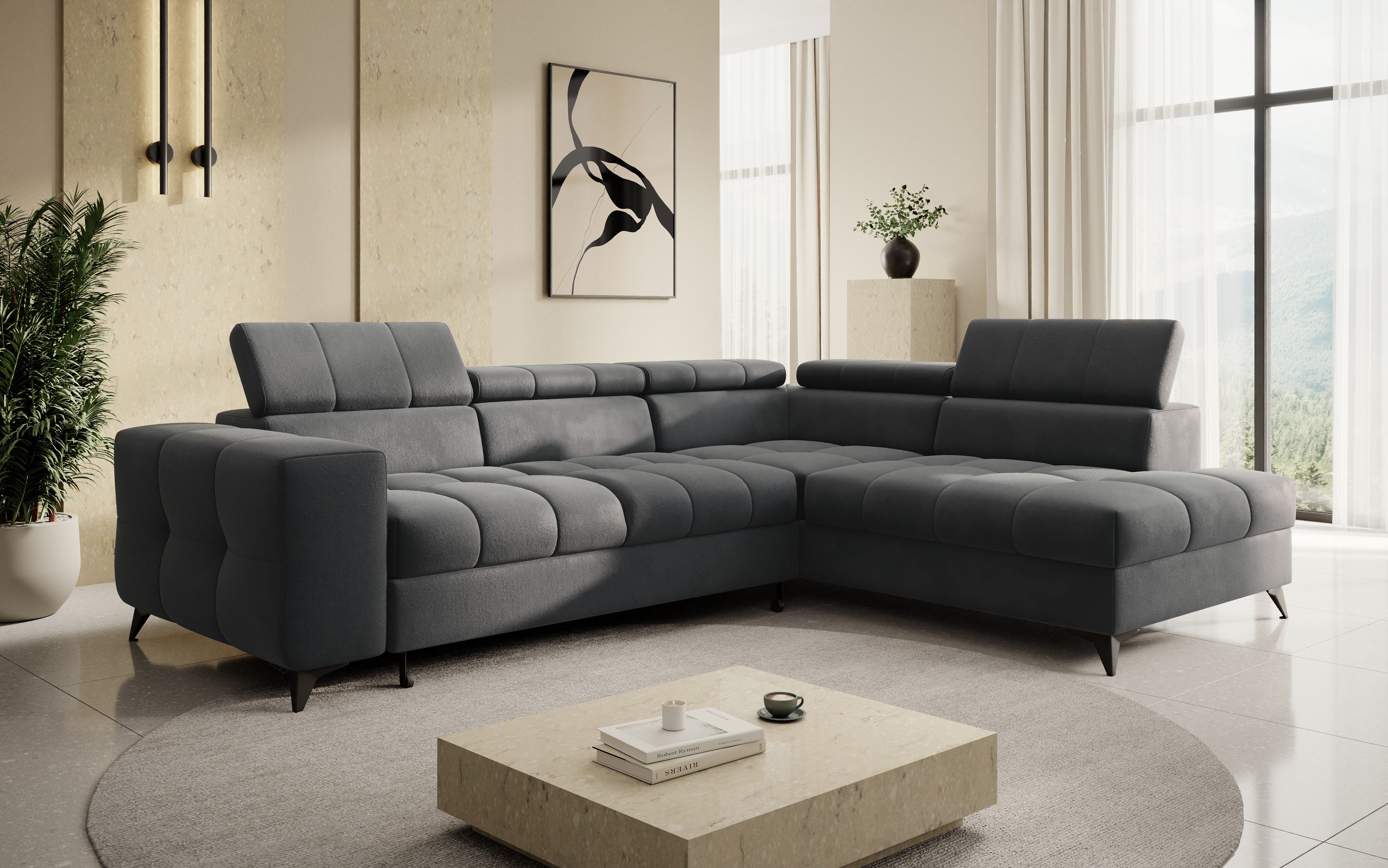 thematys Ecksofa SORANO mit Schlaffunktion & Bettkasten – L-Form, Bouclé und Velours, - mit verstellbaren Kopfstützen, – L-Form 270×203 cm – Schlafsofa mit Auszug, – L-Form 270×203 cm – Schlafsofa mit Auszug
