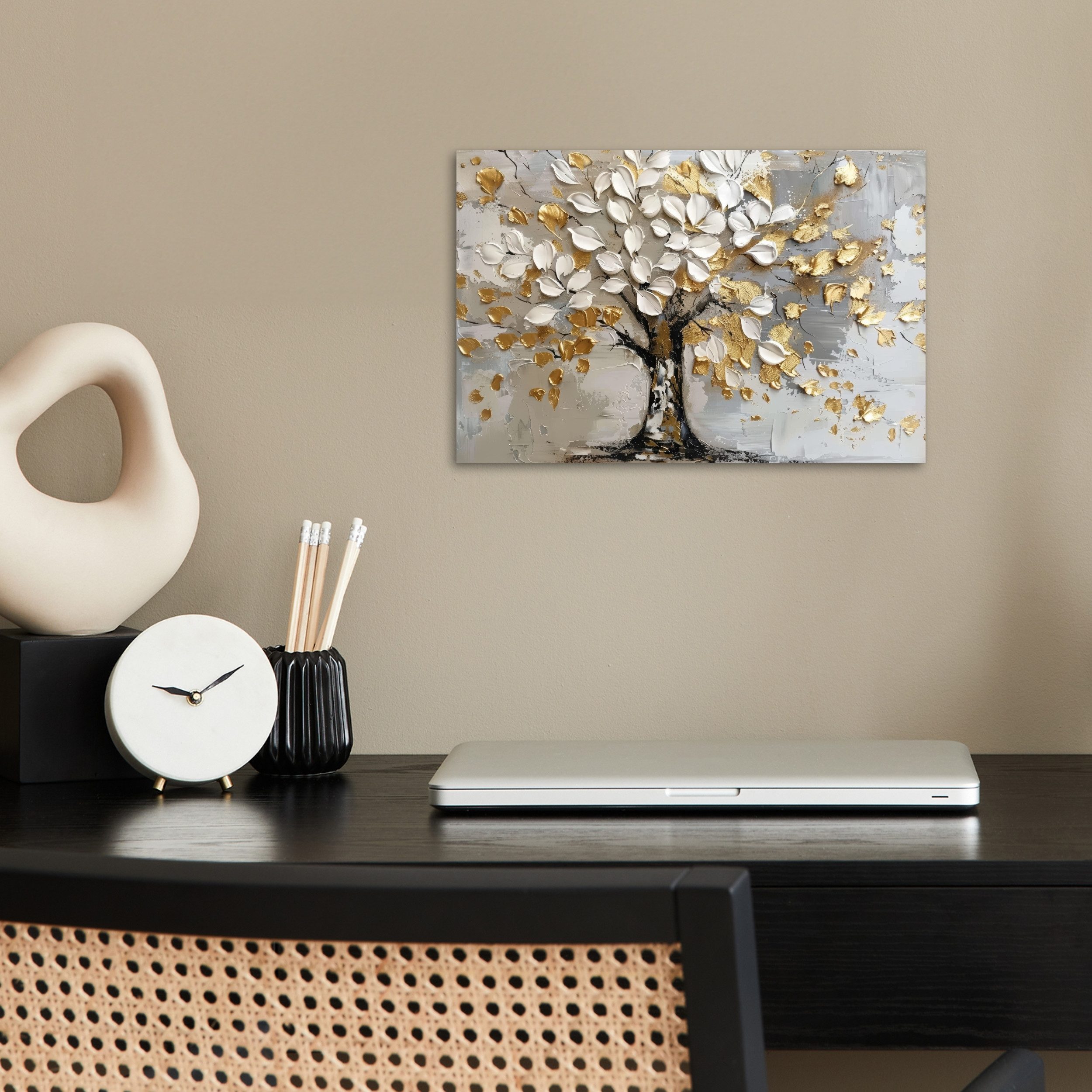 MuchoWow Poster Baum - Beige - Grau - Gold - Abstrakt, (1 St), Poster ohne Rahmen, Wandbild, Wandposter, 30x20 cm – Bild 2 von 5