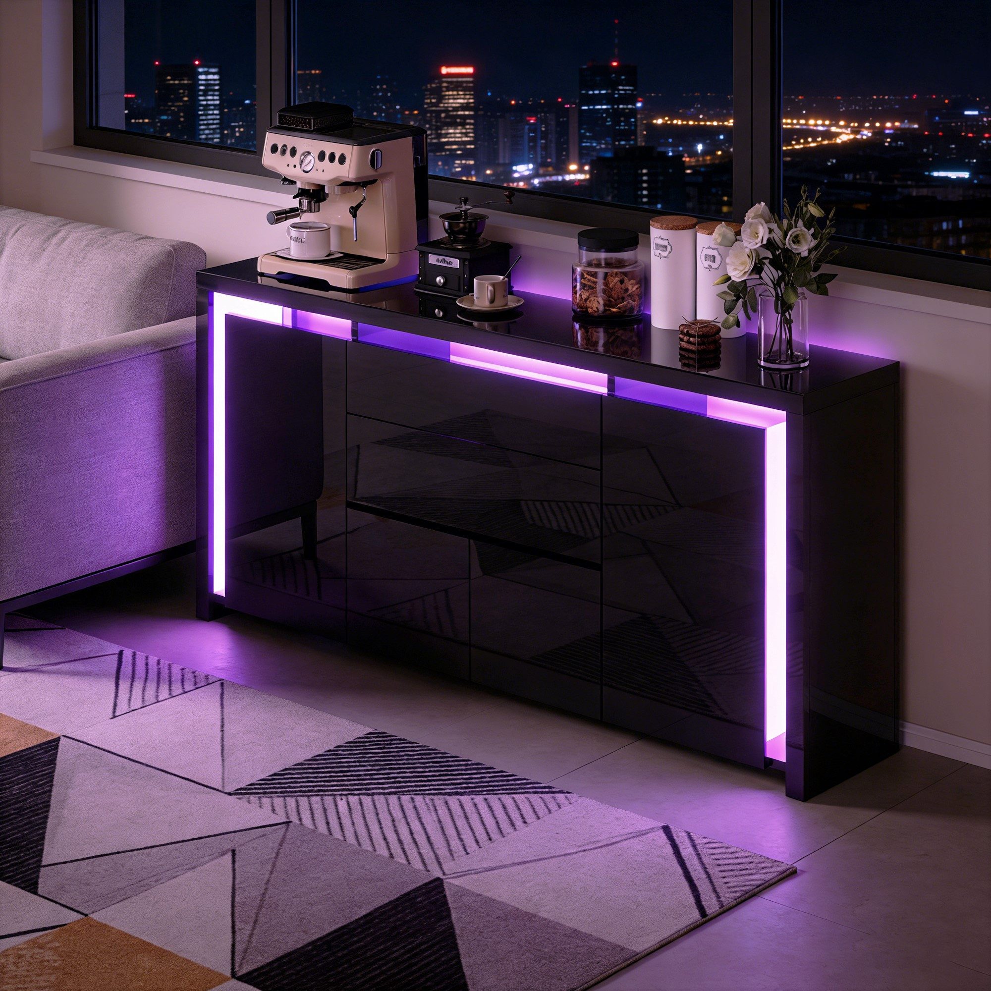 PXloue Kommode Hochglanz Sideboard (LED-Ambientebeleuchtung) Breite 160 cm, Beistellschrank mit 4 Fächern und 2 Schubladen( Push-to-open-Funktion)