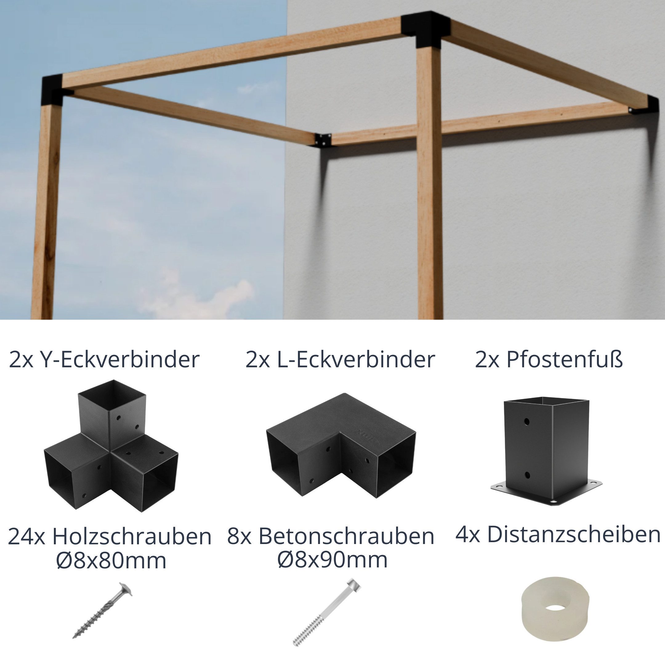 CLIP`N`SHADE Pfostenbeschlag Eck- Pfostenverbinder Beschlag Set für 10x10 Holz DIY-Pergola (DIY-Pergola, Eckverbinder Komplett Set), Hochwertiges Material, schwarz pulverbeschichtet