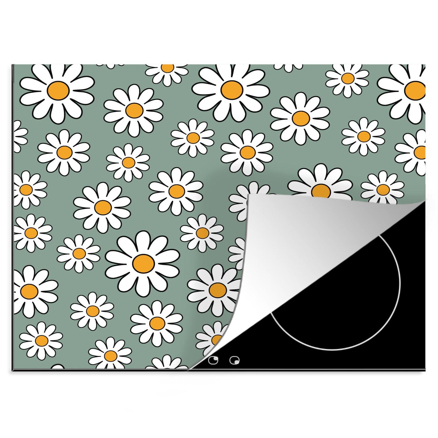MuchoWow Herdblende-/Abdeckplatte Schnittmuster - Blumen nutzbar, Ceranfeldabdeckung - Vintage (1 Mobile Vinyl, - tlg), Arbeitsfläche Gänseblümchen, cm, 60x52