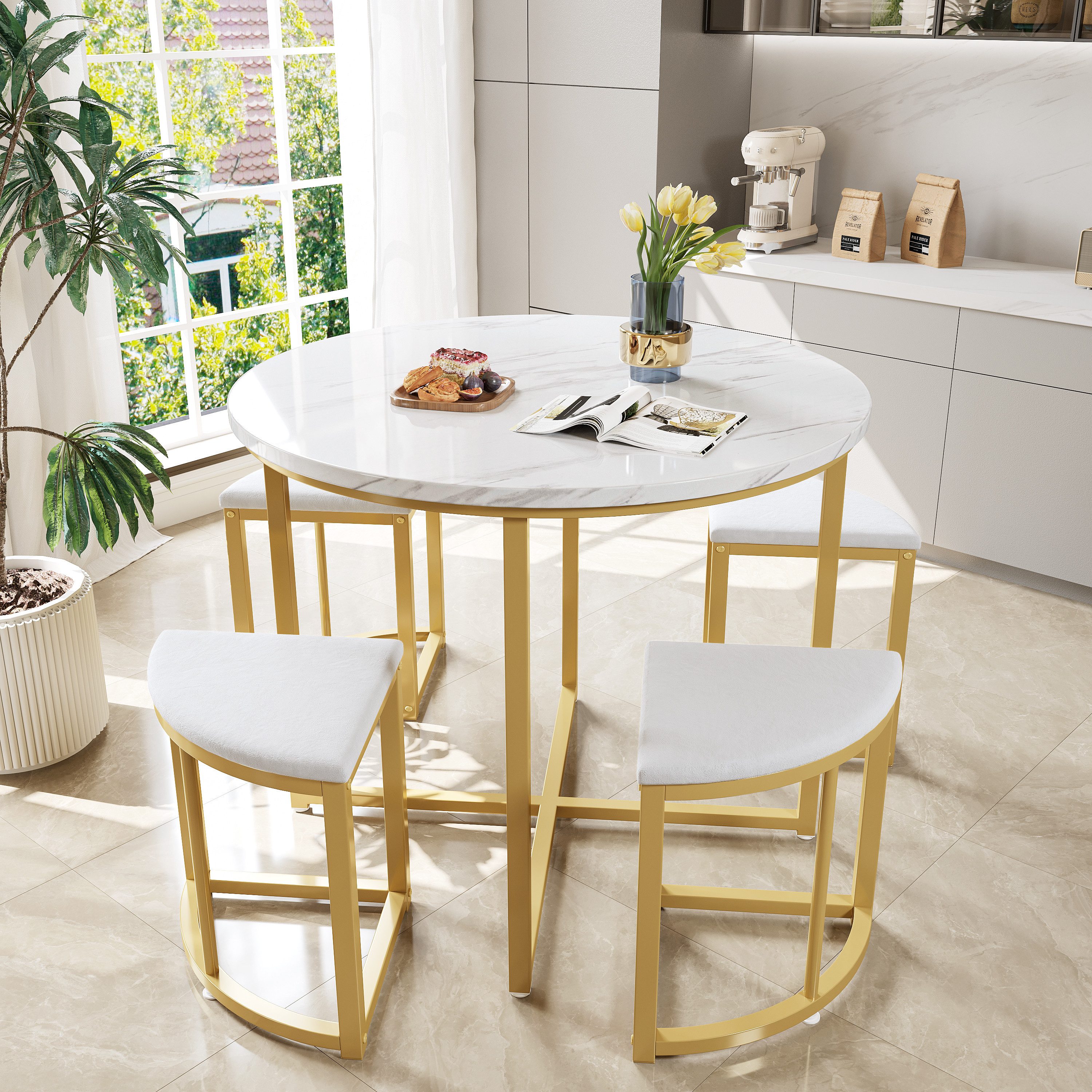 Flieks Essgruppe, (Set, 5-tlg., Tisch mit 4 Stühlen), runder Esstisch mit 4 Hocker Samt Set Küchetisch Esszimmerstühle