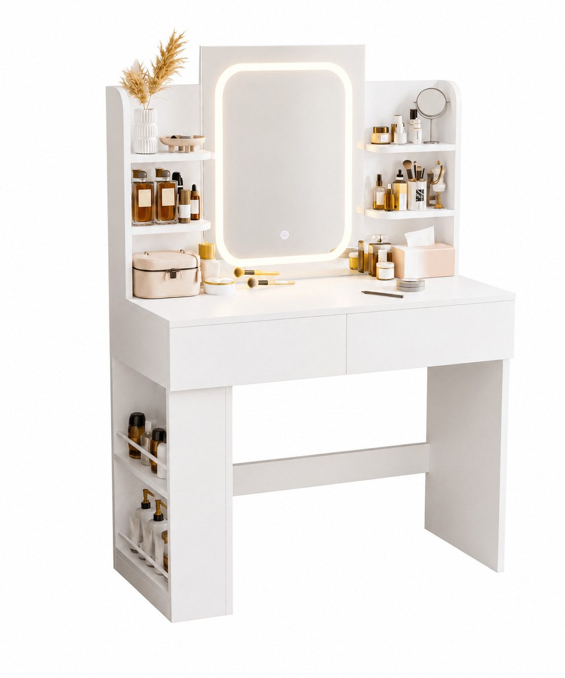 Yorbay Schminktisch mit Beleuchtung, Schminktisch mit Spiegel und LED Lichtleiste (90x40x135 cm), DREI Farbtemperaturen, 8 offene Fächer + 2 Schubladen