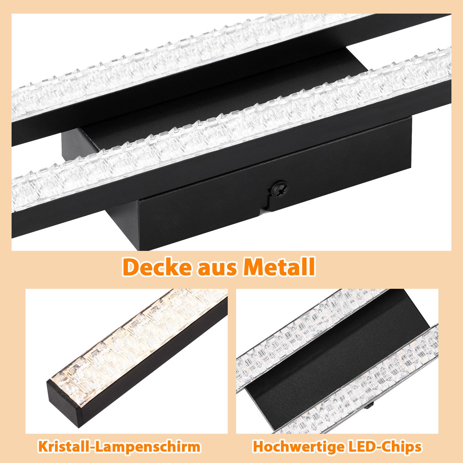 Nettlife LED Deckenleuchte Modern schwarz 2-flammig Kristall Deckenlampe 12W, LED fest integriert, Warmweiß, für Flur Küche Schlafzimmer Diele Warmweiß (3000K) – Bild 5 von 5