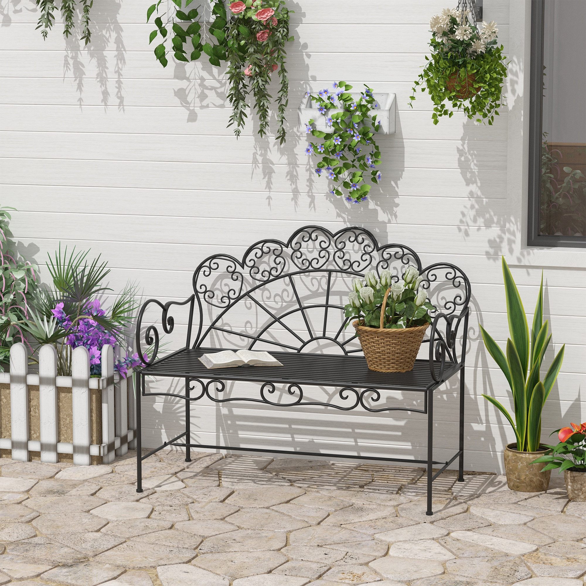 Outsunny Gartenbank Bank Gartenmöbel 2-Sitzer (Parkbank, 1-St., Sitzbank), Metall 107cm x 55,5cm x 92cm