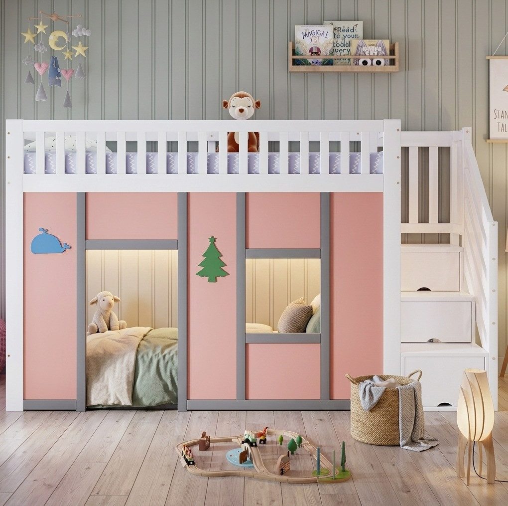 MODFU Hochbett Spielbett mit Stauraum-Treppe, Jugendbett Holzbett (Stauraumbett mit LED-Beleuchtung und Spielbereich 90x200 cm, Jugendbett Holzbett) Jugendbett Holzbett, ohne Matratze