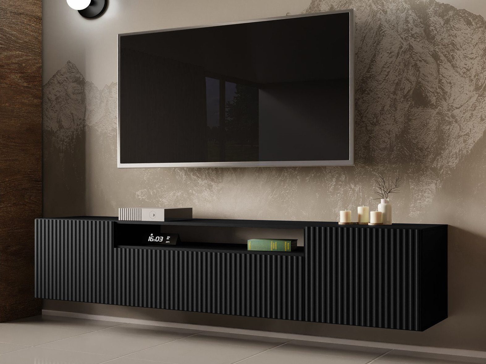 Beautysofa TV-Schrank Moderner Hängeschrank mit gefräster NEO-Front (B:200/H:40/T:41cm)