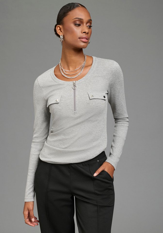 Bruno Banani Longsleeve mit Rundhalsausschnitt, figurbetonte Passform, hüftbedeckende Länge