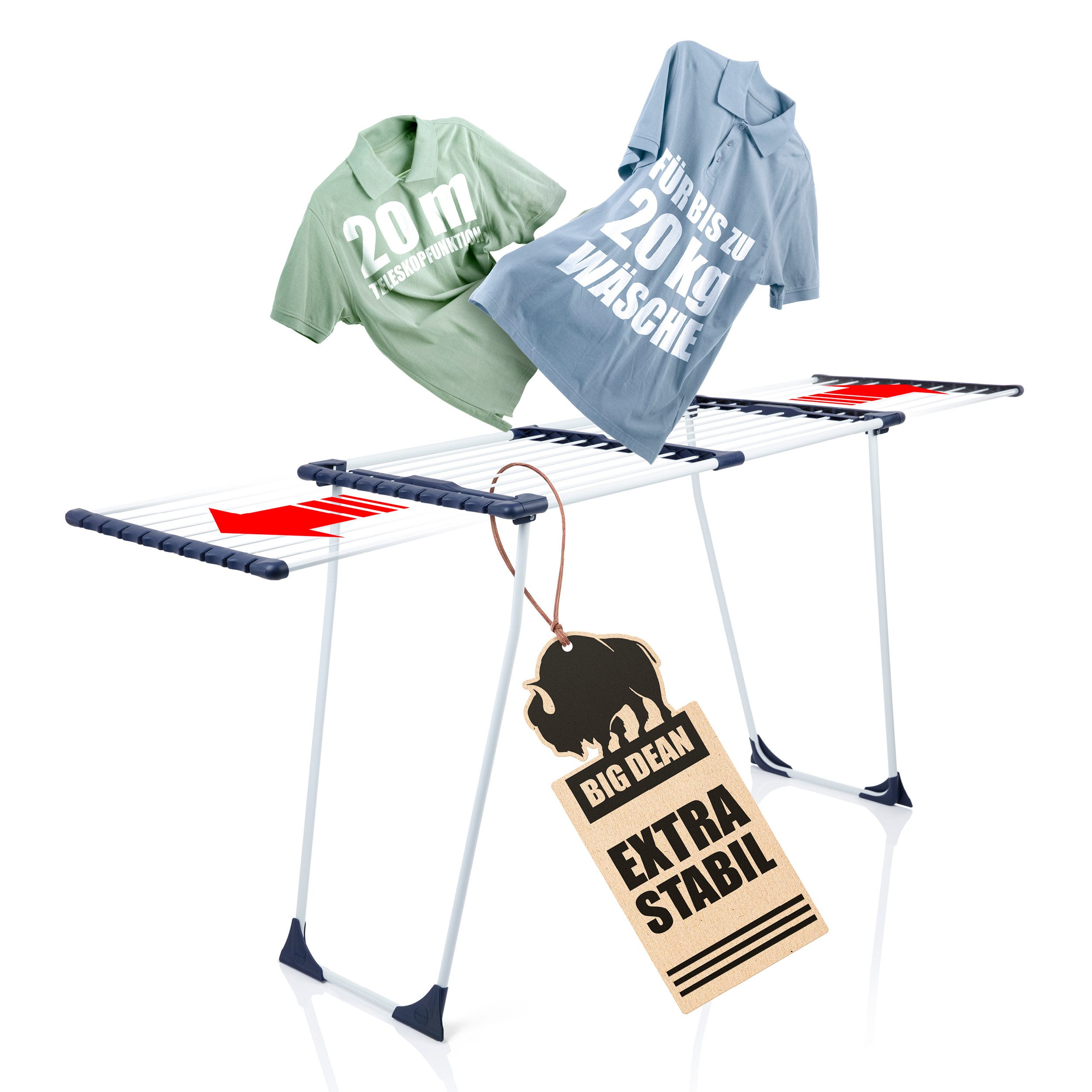 BigDean Wäscheständer Standtrockner ausziehbar 20m XXL zusammenklappbar weiß - stabil, Stahlkonstruktion, Kleinteile Klemme, Ausziehflügel