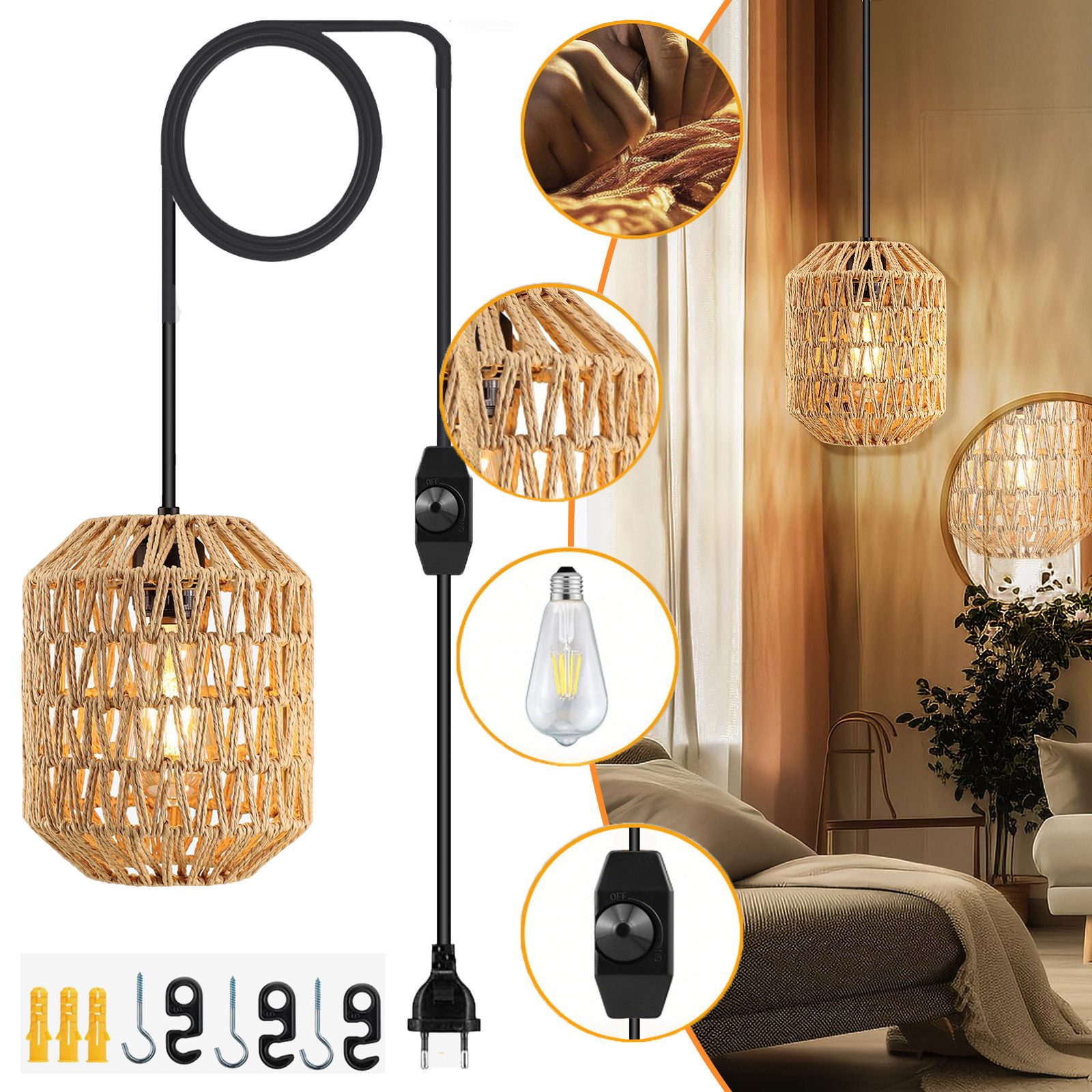 MUPOO Pendelleuchte Hängelampe Boho Rattan Lampenschirm günstig online kaufen