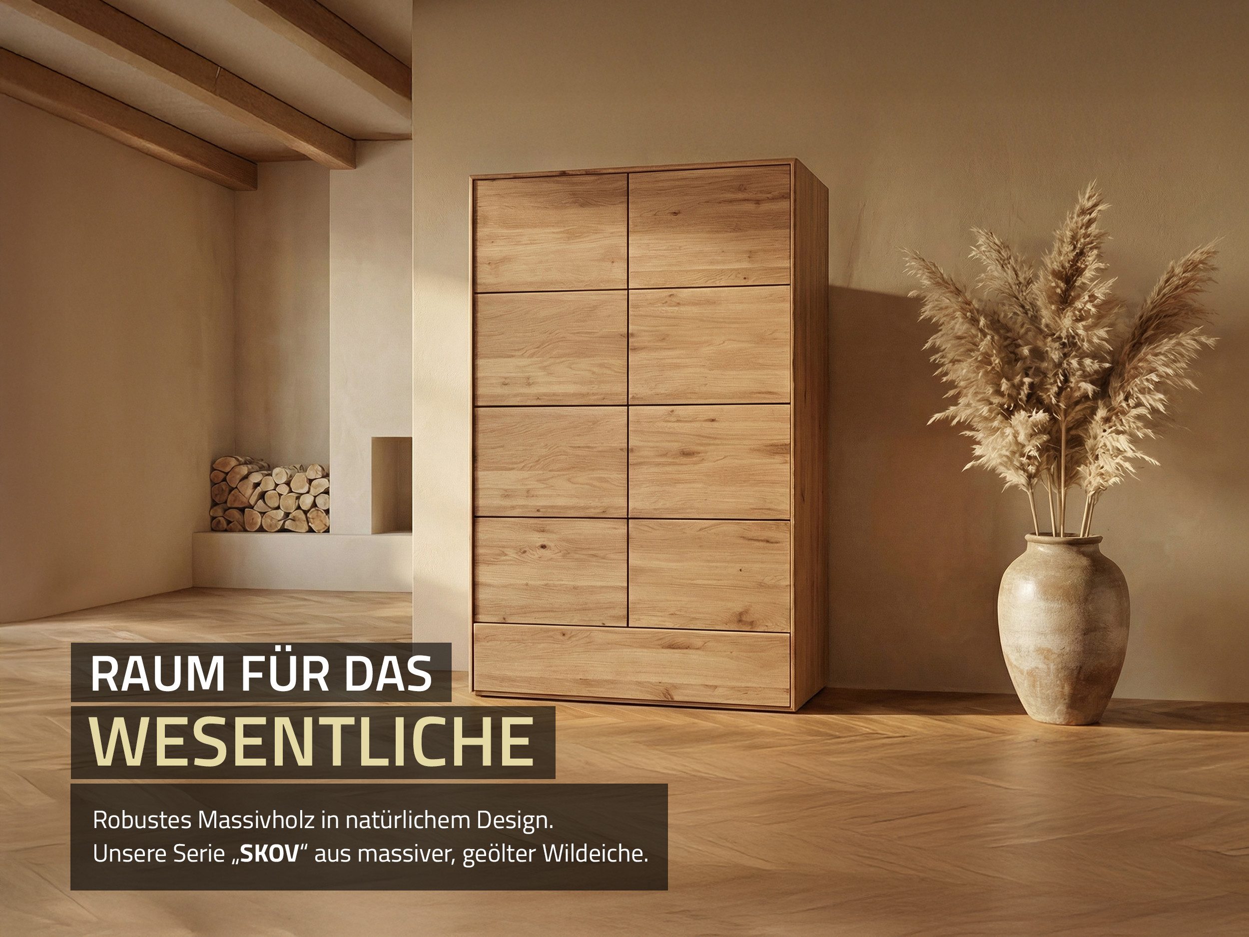 Massivart® Highboard 100 cm Breite Massivholz Wildeiche geölt »SKOV«, 2 Drehtüren · 3 Einlegeboden · 1 Schublade · viel Stauraum