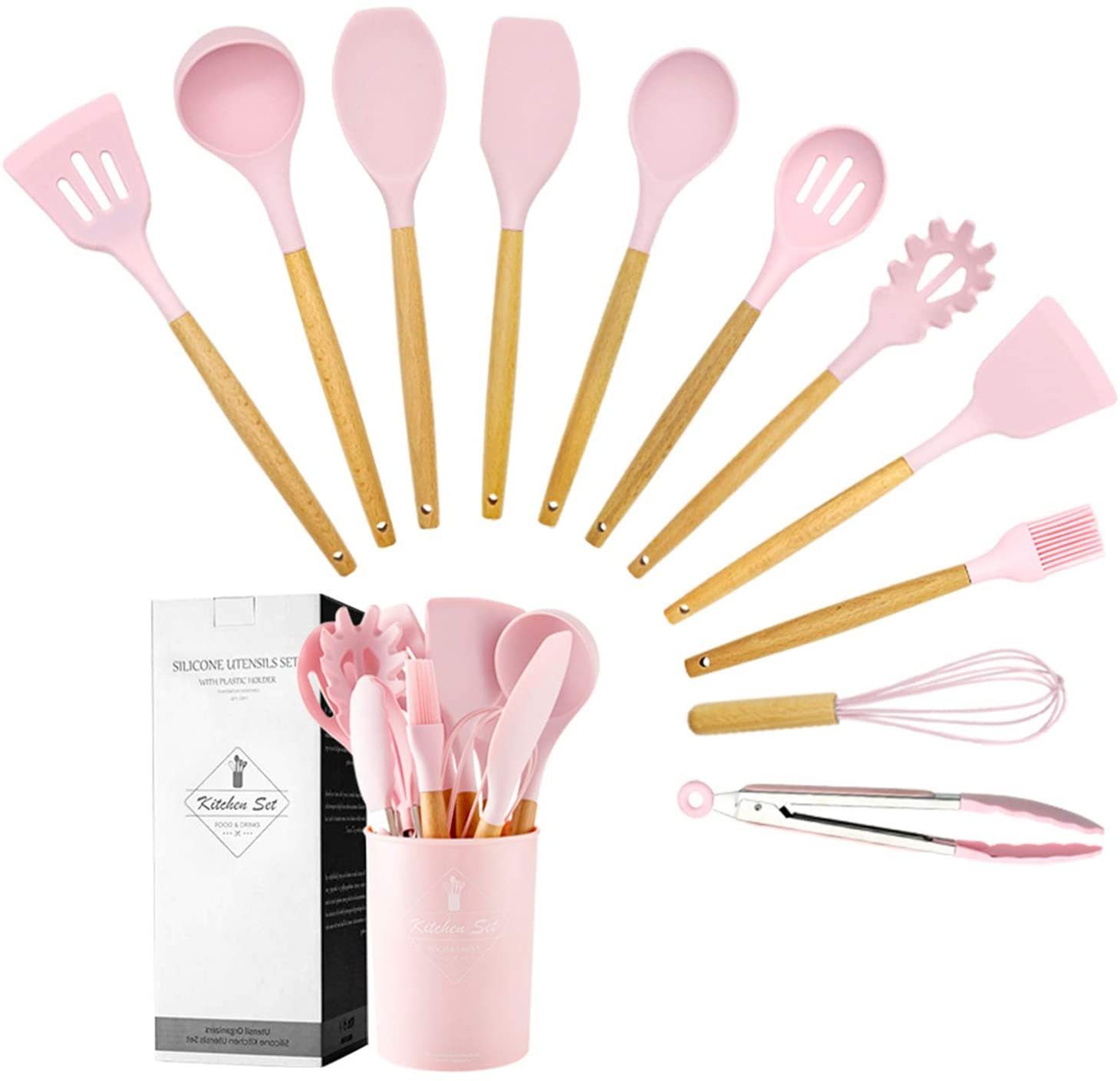 Faizee Möbel Kochbesteck-Set Küchenhelfer Set 12tlg Silikon Kochbesteck Holzgriff Küchenutensilien (12-tlg)
