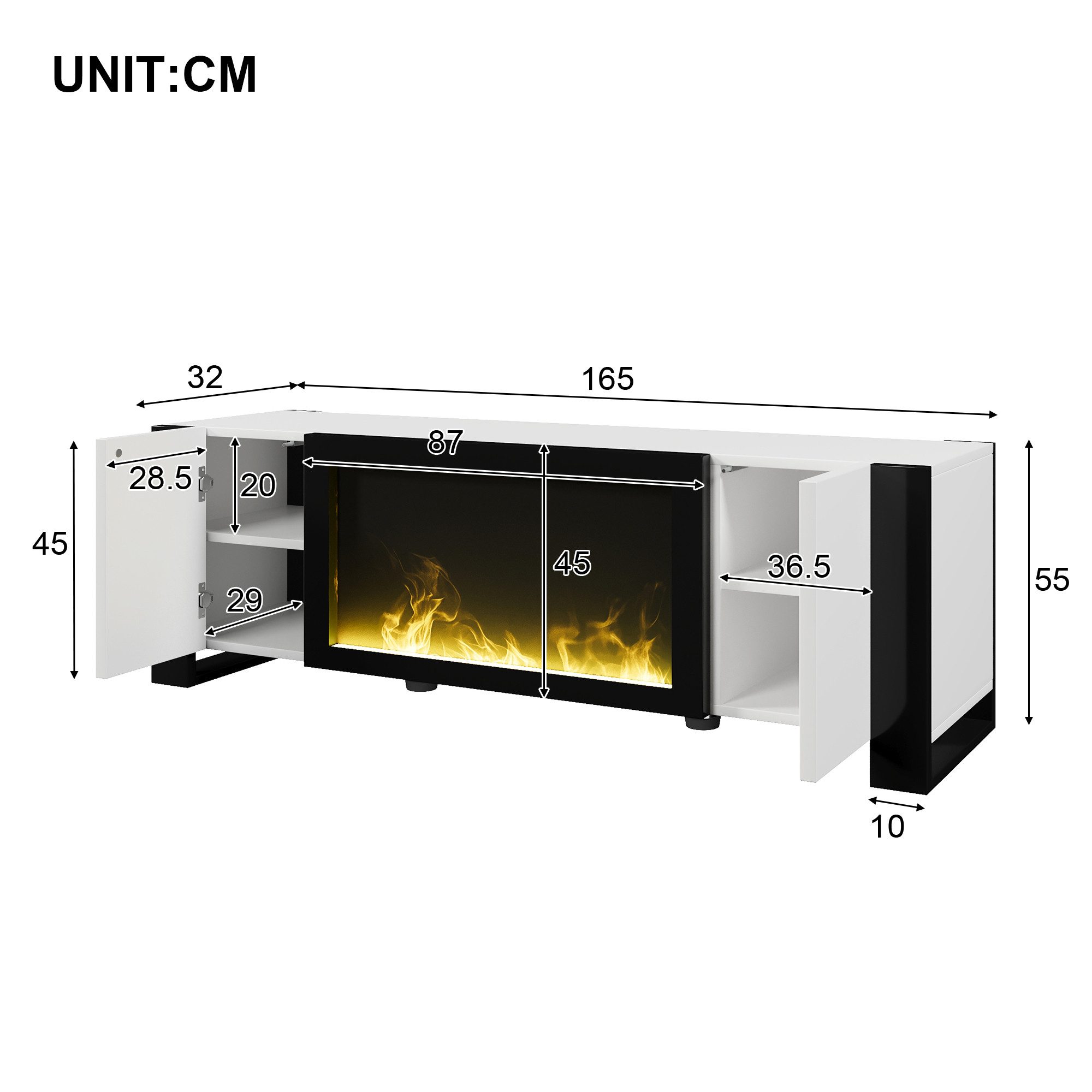 MODFU Lowboard TV-Schrank mit elektrischem Kamin Flammeneffekt (TV-Board,Wohnzimmermöbel, Hochglanz-TV-Ständer, Fernsehschrank, 1 St., Zwei Türen), Hochglanz (keine Heizfunktion)