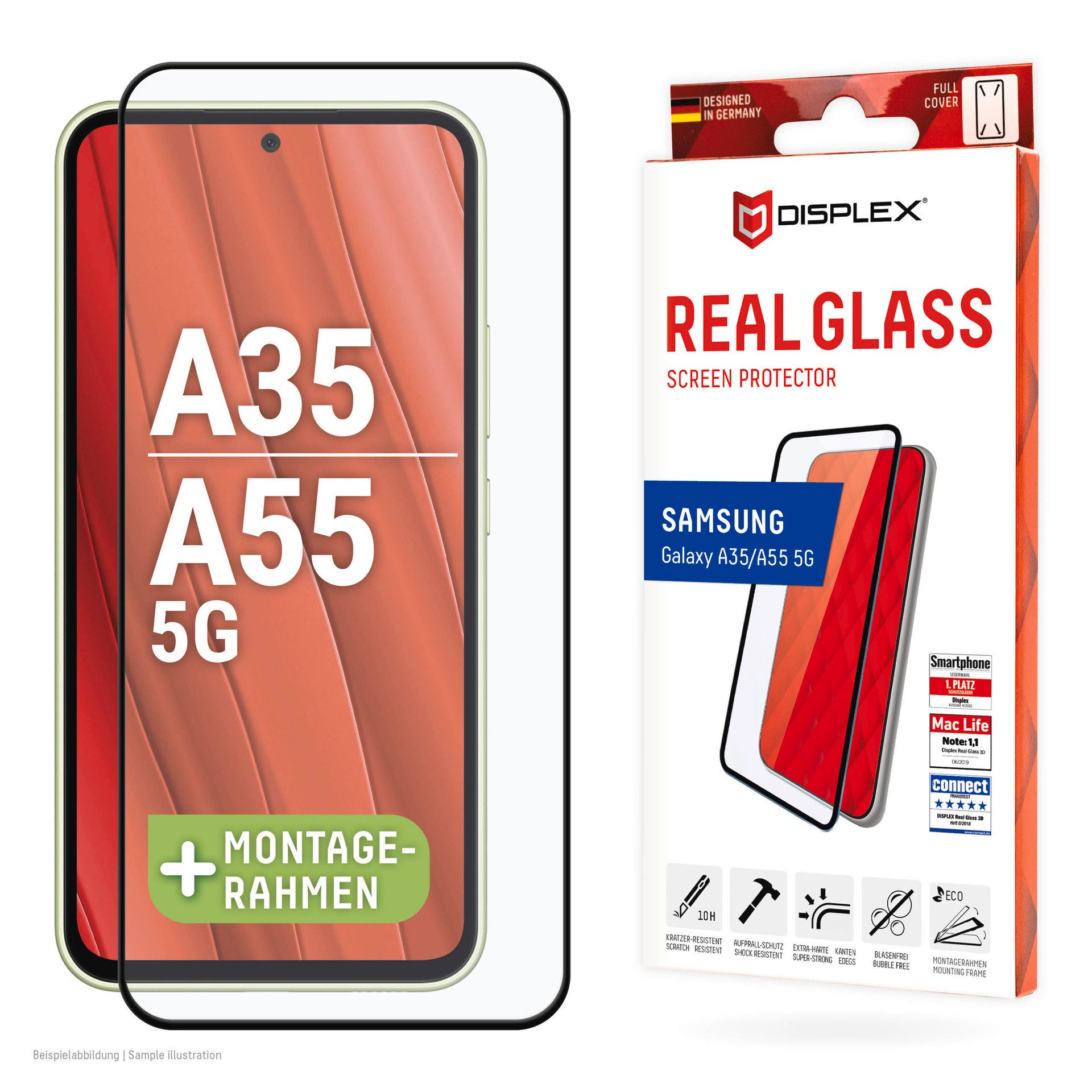 Displex Displayschutzglas Real Glass Full Cover für Samsung Galaxy A35, Samsung Galaxy A55 5G, 1 Stück, Bildschirmschutz, Displayschutzfolie,Einfach anbringen,kratz-&stoßfest