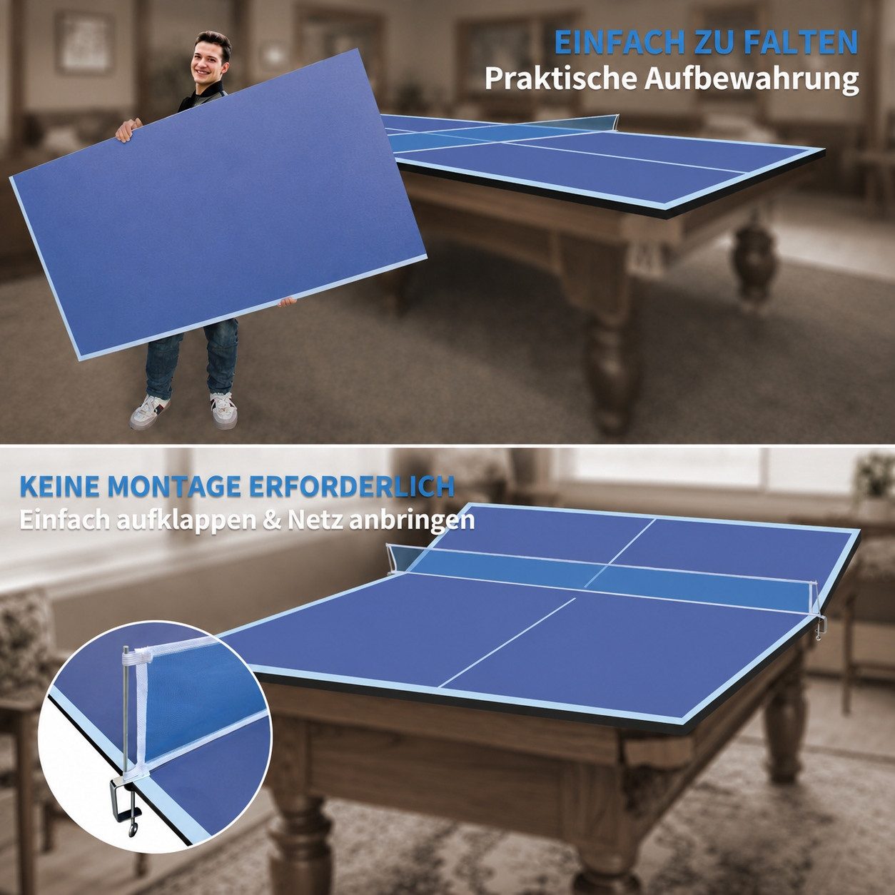 LVHOM Tischtennisplatte 244 x 122cm, Groß/Blau: Klappbar & Wetterfest für Indoor/Outdoor (ohne Gestell, faltbar, für Training allein, Familien-Spaß und platzsparende Aufbewahrung., Material: MDF, (L x B x H): 244 x 122 x 1,2 cm, Gewicht: 25 kg), Einfach auf jedem geeigneten, ebenen Fläche zu nutzen