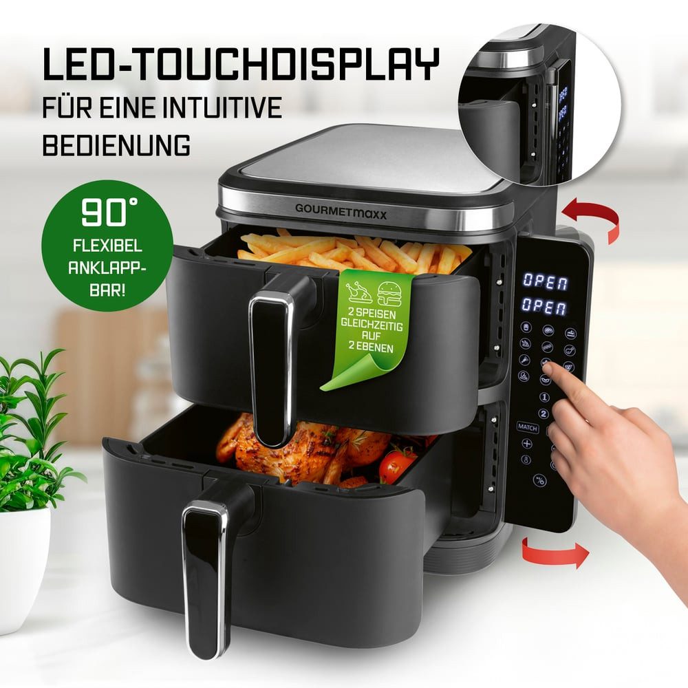 GOURMETmaxx Heißluftfritteuse FryUp Vertikaler Doppelkammer Airfryer 2x 5l, 2800 W, klappbares Touchdisplay, 32% platzsparender, Fassungsvermögen 10L – Bild 5 von 5