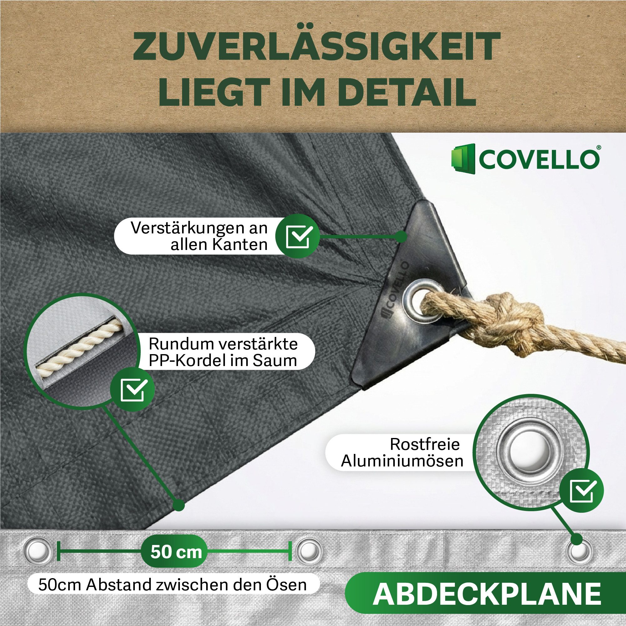 Covello Schutzplane 180g/m² grau, Abdeckplane mit Ösen wasserdicht, Plane UV-stabilisiert in vielen verschiedenen Farben & Größen