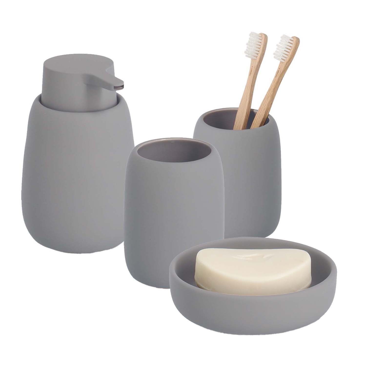 Zeller Present Badaccessoire-Set 4-teiliges Badaccessoire-Set - Keramik, Grau, Set, 4 tlg., 4-tlg.
