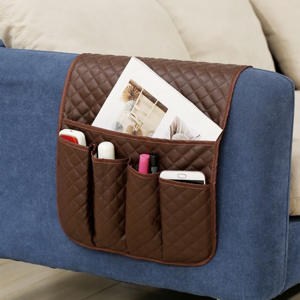PRIISF Sesselschoner Sessel Sofaschoner Armlehnenschoner Aufbewahrungstasche Sofa Organizer, Couch-Organizer 5 Taschen PU-Leder Aufbewahrungstasche Sesselhussen