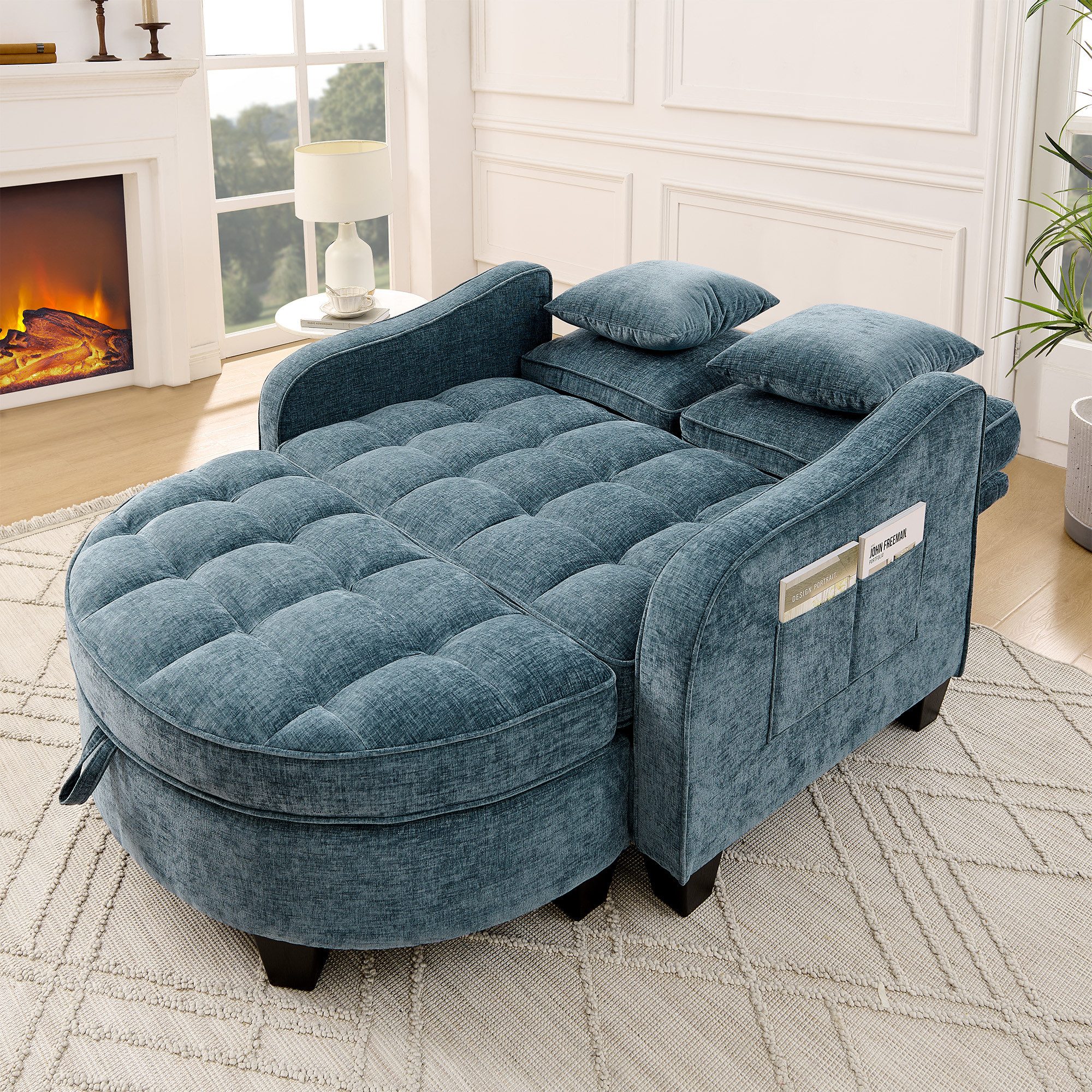 HAUSS SPOLE Schlafsofa mit Schlaffunktion Wohnzimmersofa Multifunktionales Sofa mit Hocker, 2-in-1 Sofa-Bett mit Schaumstoffpolsterung, Flexible Umwandlung von Sofa zu Chaiselongue oder Bettfunktion