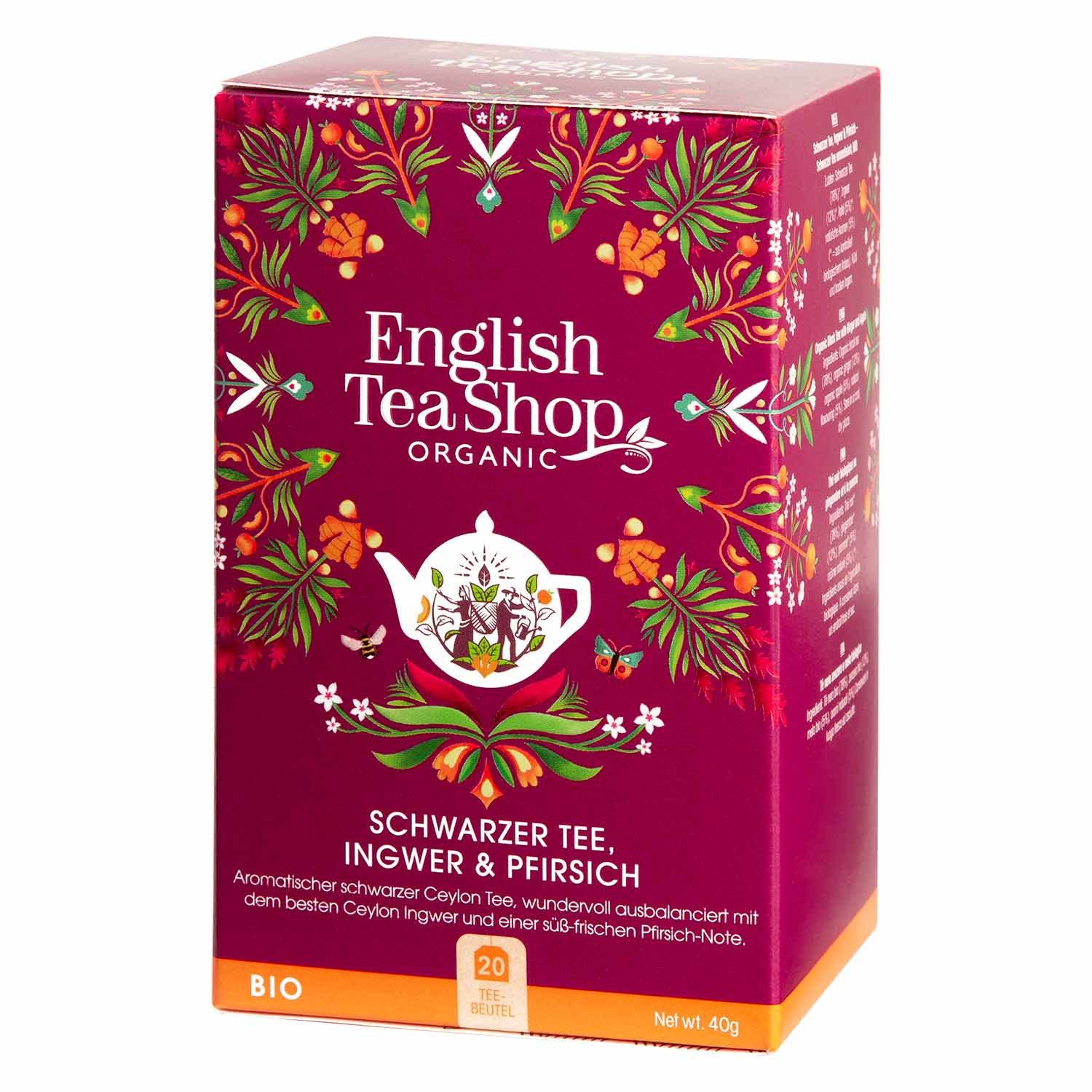 English Tea Shop Tee Schwarzer Tee, Ingwer & Pfirsich, BIO, 20 Teebeutel, Perfekte Balance von fruchtiger Süße und sanfter Schärfe.