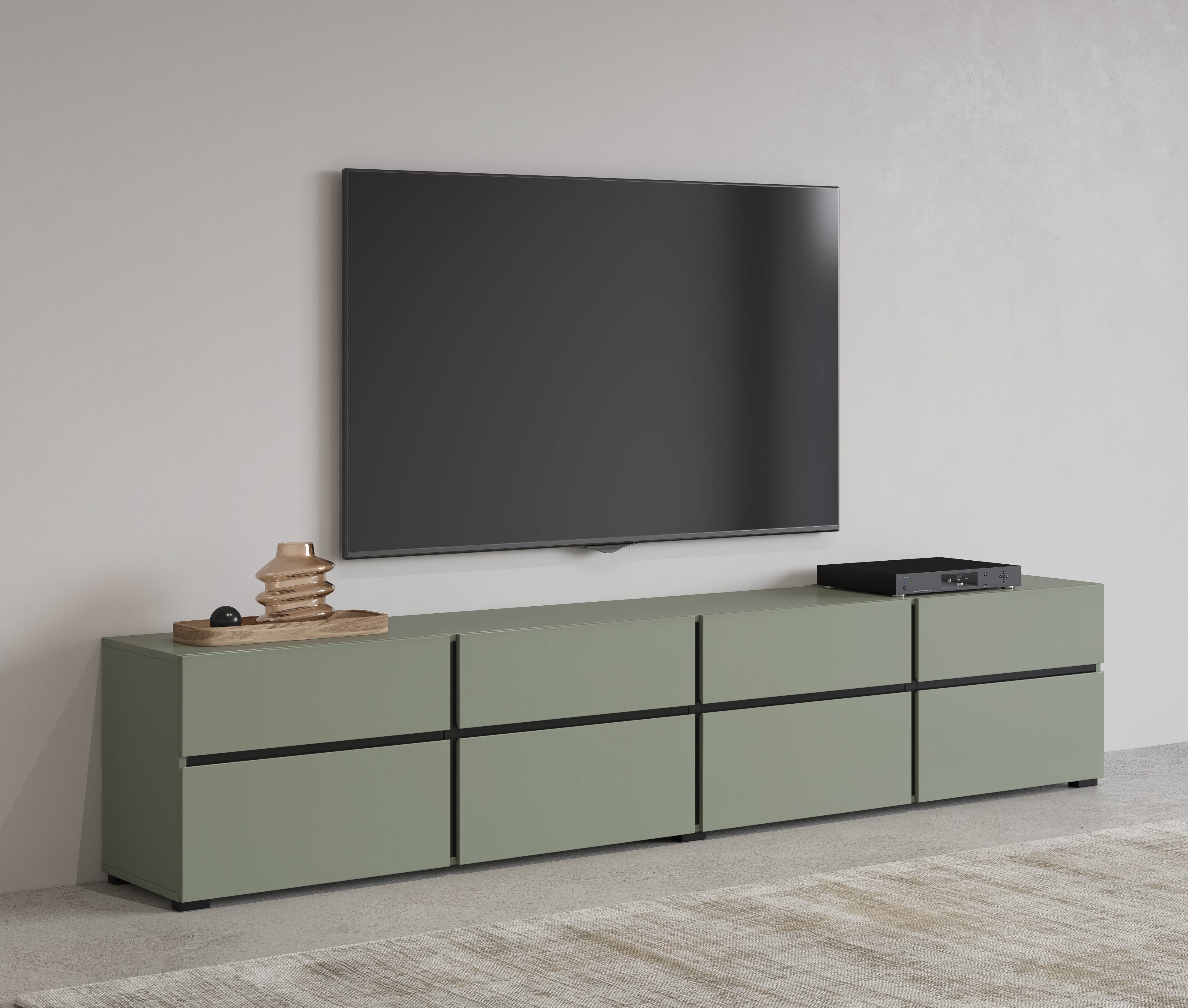 Lowboard Cross, moderne grifflose TV-Kommode,4 Klappen/4 Schubkästen