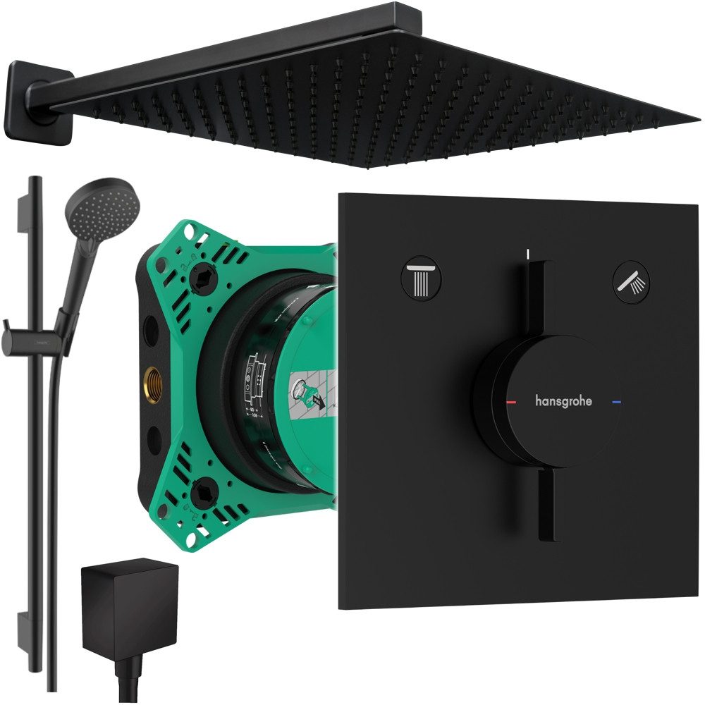 Hansgrohe und Jowi Duscharmatur DuoTurn E Duscharmatur, Duschsystem mit Kopfbrause, Schwarz (Unterputz-Duschsystem) 650mm Brausestange, Mattschwarz