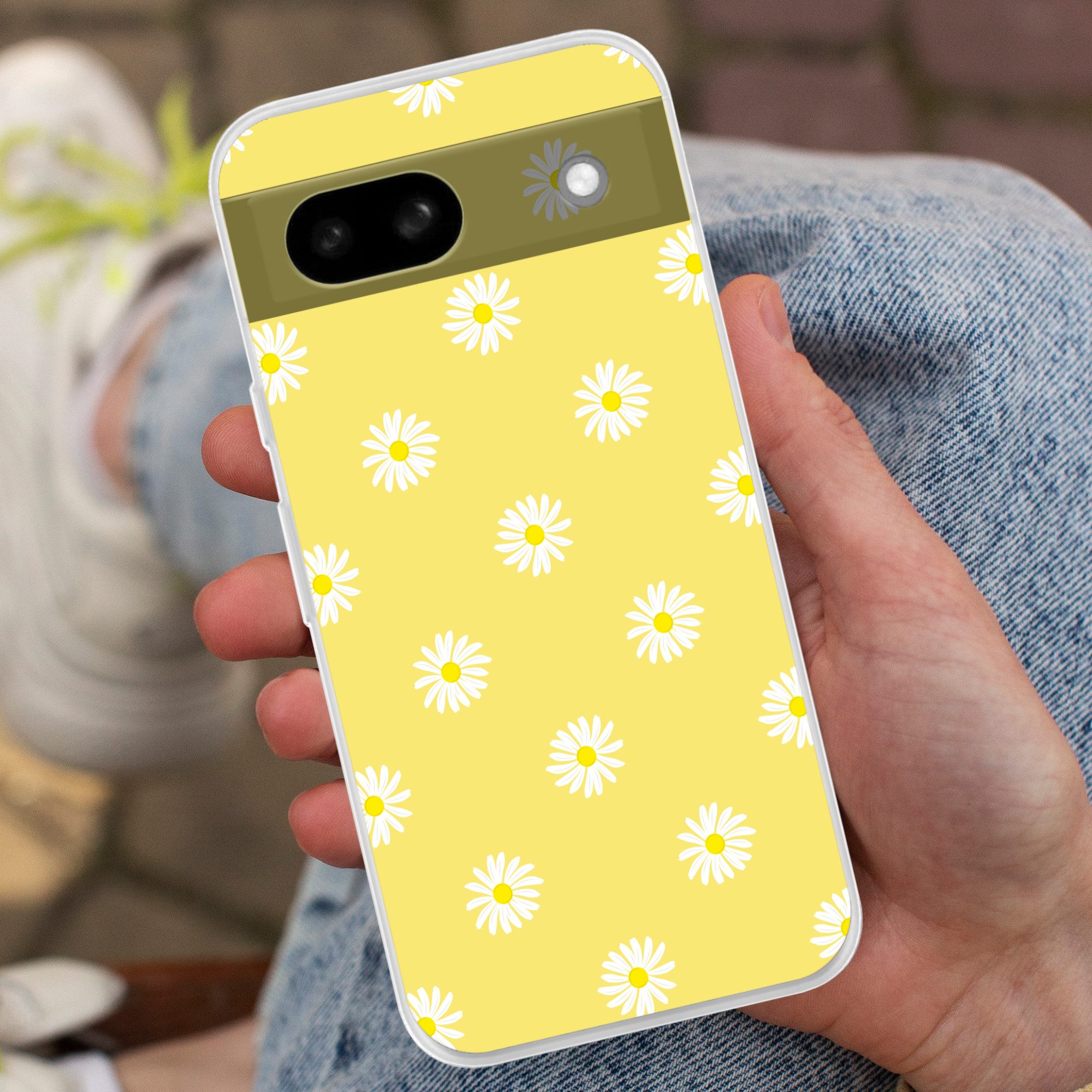 MuchoWow Handyhülle für Google Pixel 8a Gänseblümchen - Pastell - Weiß - Gelb - Blumen, Phone Case, Silikon, Schutzhülle Dünn