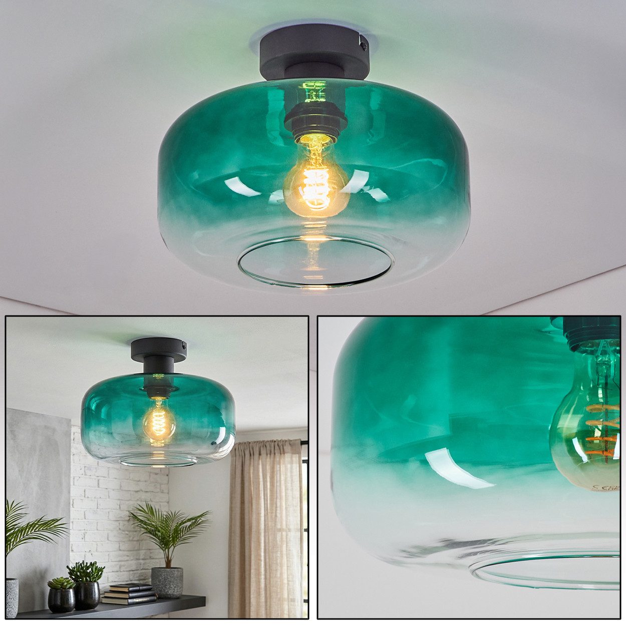 hofstein Deckenleuchte Deckenlampe aus Metall/Glas in Schwarz/Dunkelgrün/Klar, ohne Leuchtmittel, Deckenleuchte im Retro/Vintage-Design, Ø 28 cm, Höhe 17 cm, E27